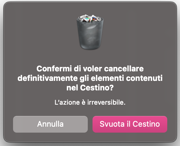 Il messaggio di conferma Svuota il Cestino mostrato dall’app per chiedere all’utente di confermare l’eliminazione. Seleziona di nuovo Svuota il Cestino.