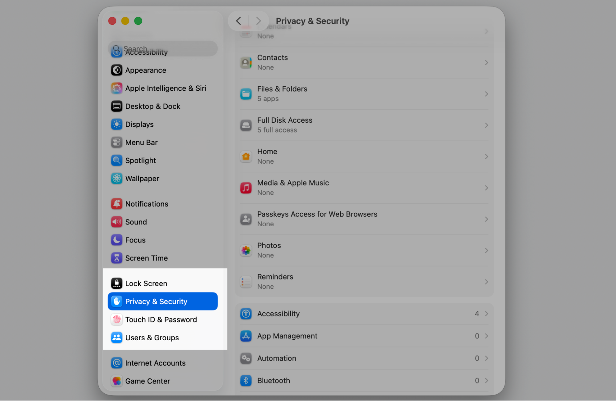 Click Privacy & Security in the macOS System Settings sidebar on your Apple computer to view app access permissions.