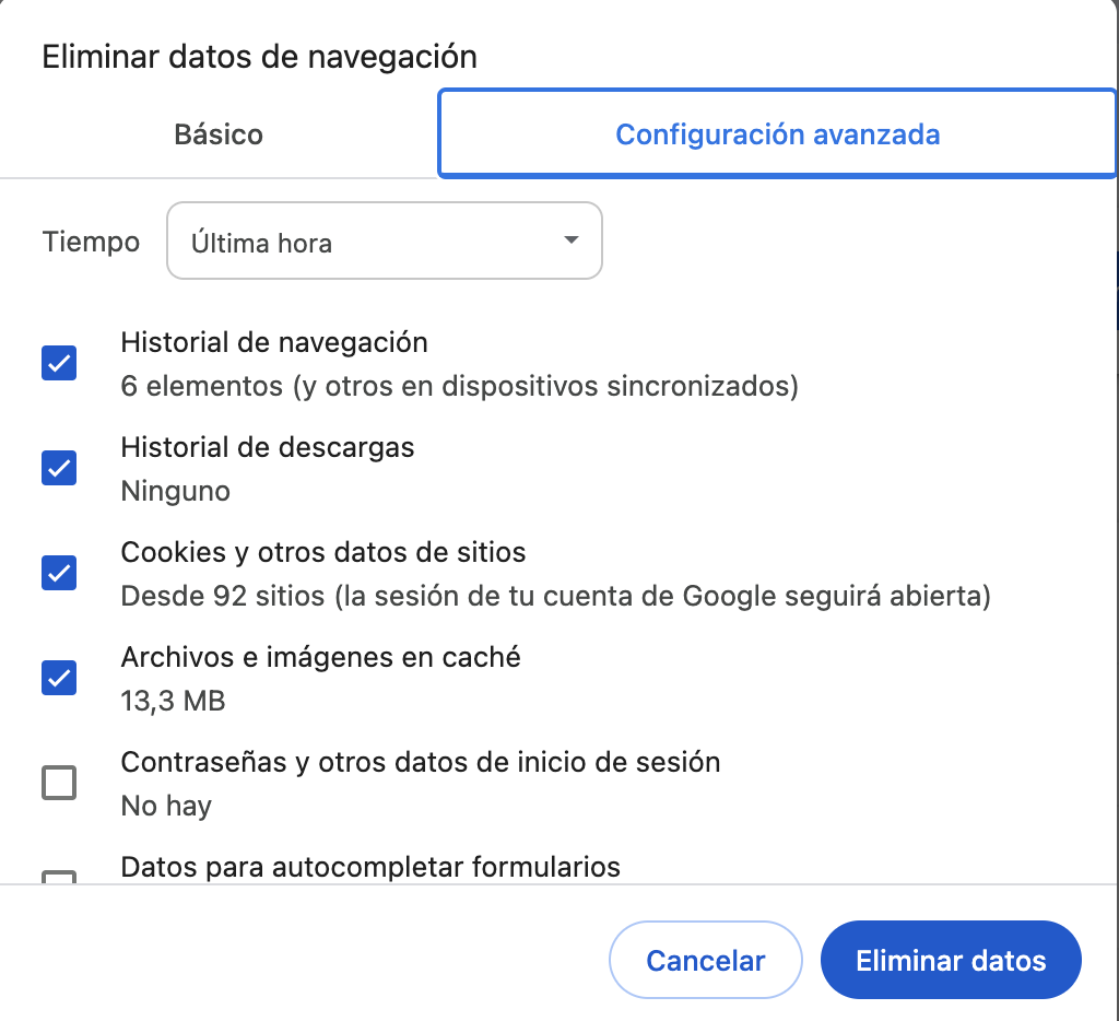 La pantalla Eliminar datos de navegación en Google Chrome para Mac. Cómo arreglar servicio de cuentas quiere usar el llavero de inicio de sesión en los navegadores.