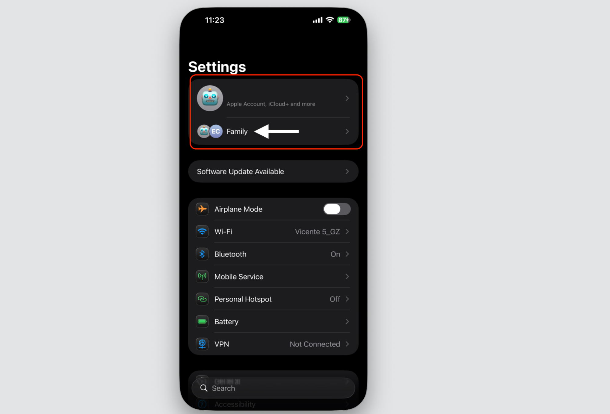 The Settings app on iPhone showing the Apple Account banner and the Family tab you tap to start sharing iCloud storage with your family.