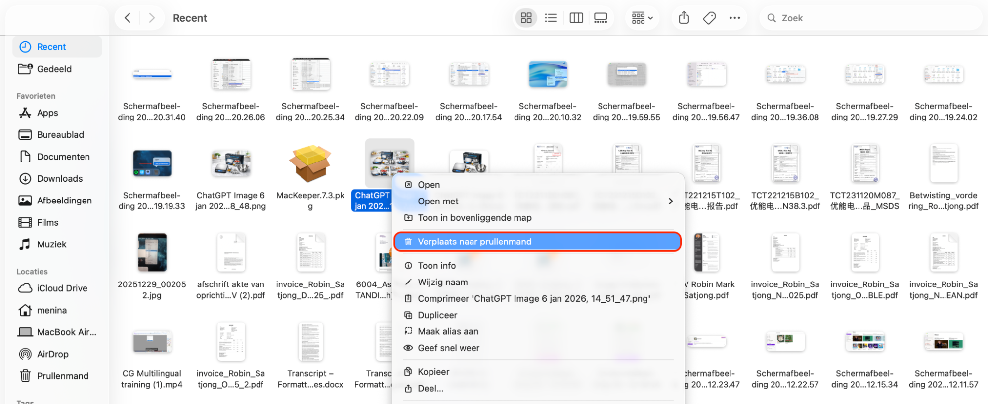 Om je  Library- en andere systeemmappen op de Mac op te schonen, selecteer items die je niet langer nodig hebt, klik met de rechtermuisknop en kies Verplaats naar Prullenmand.