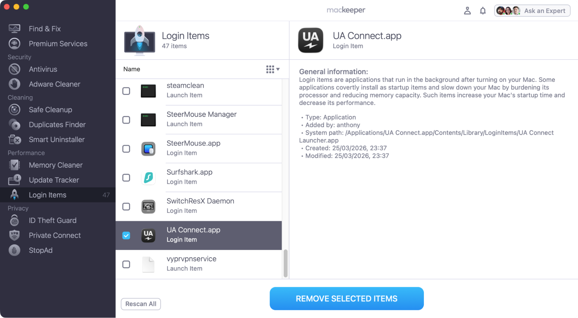 After scanning your Mac with MacKeeper's Login Items tool, you'll see a liset of all the current login items. Select what you want to delete, and click the 'Remove Selected Items' button.