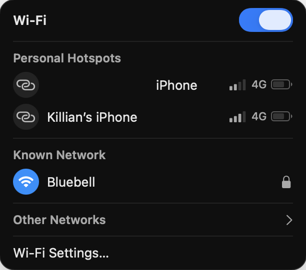 The Wi-Fi menu on Mac. When you run into the NSURLErrorDomain error -1012 error on Mac, confirm your computer is connected to the right network.