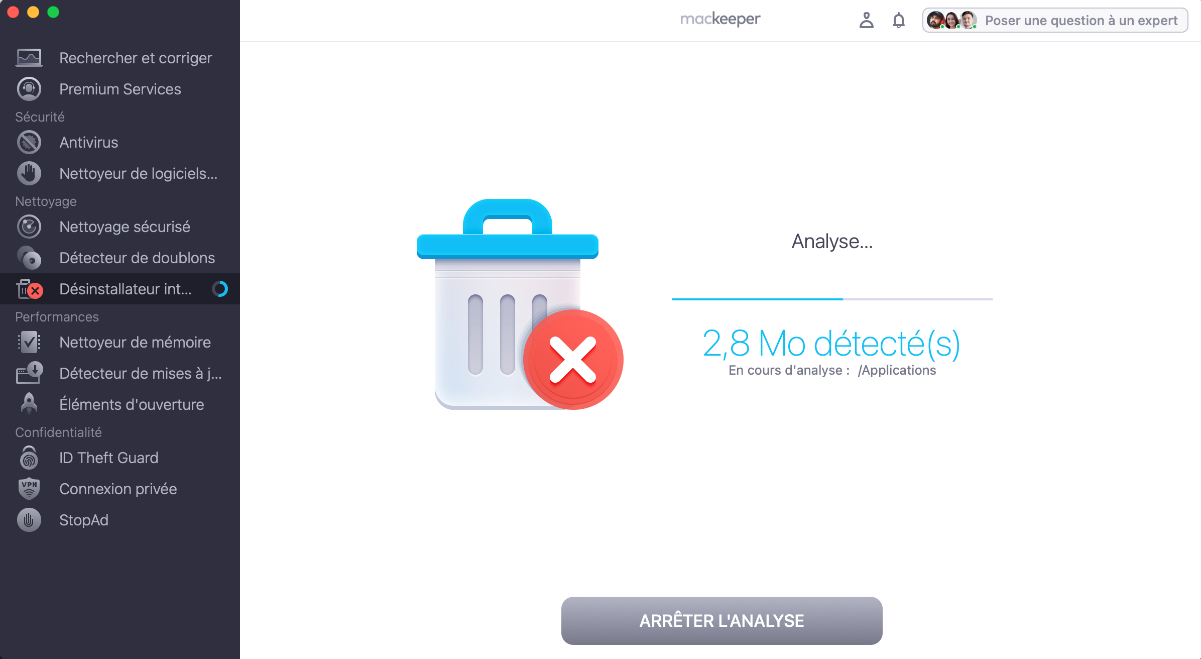 Le Désinstallateur intelligent de MakKeeper analyse votre Mac à la recherche de fichiers inutiles.