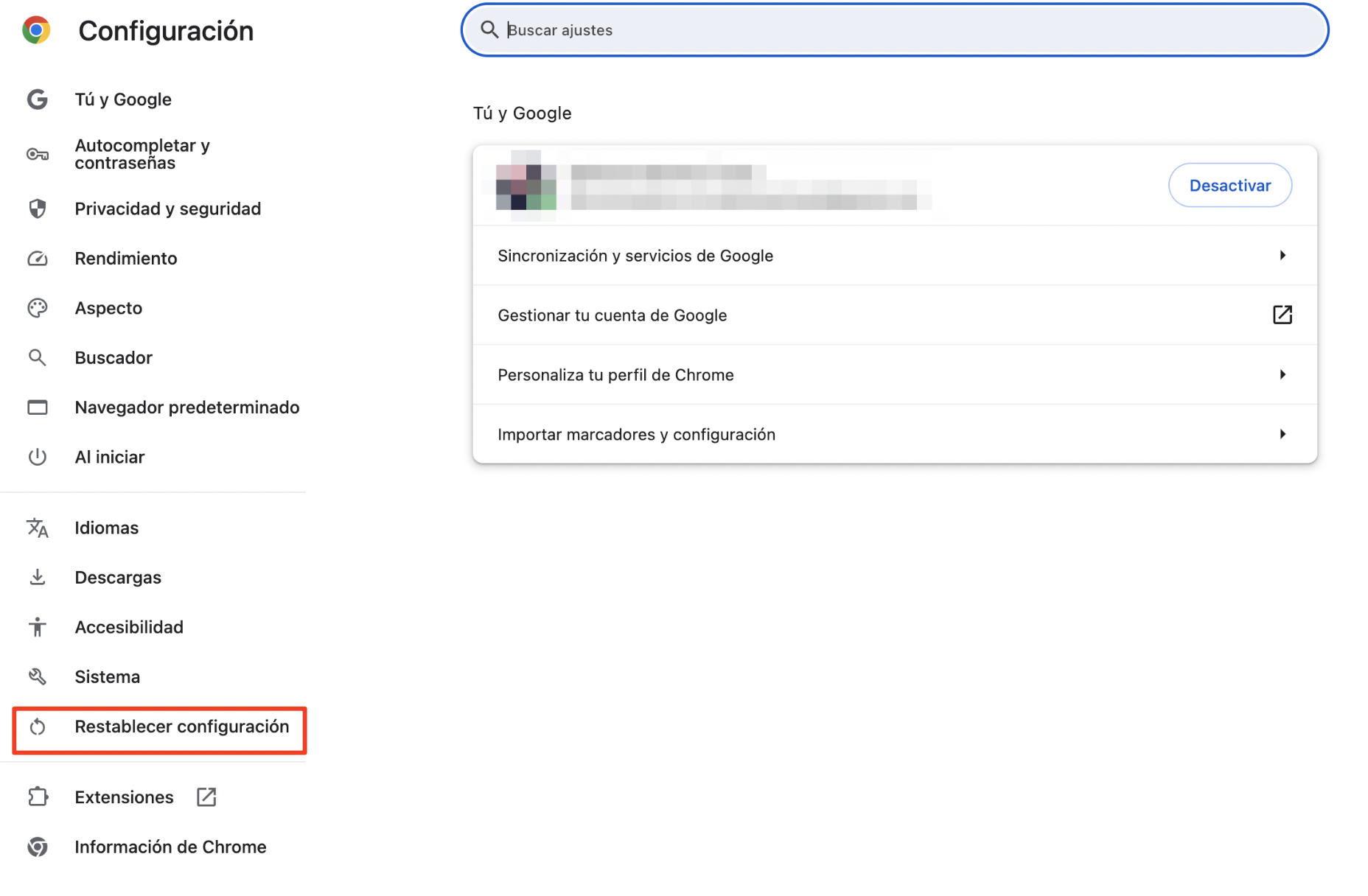Pantalla de configuración de Google Chrome para Mac, con la opción Restablecer configuración resaltada. Cómo arreglar servicio de cuentas quiere usar el llavero de inicio de sesión.