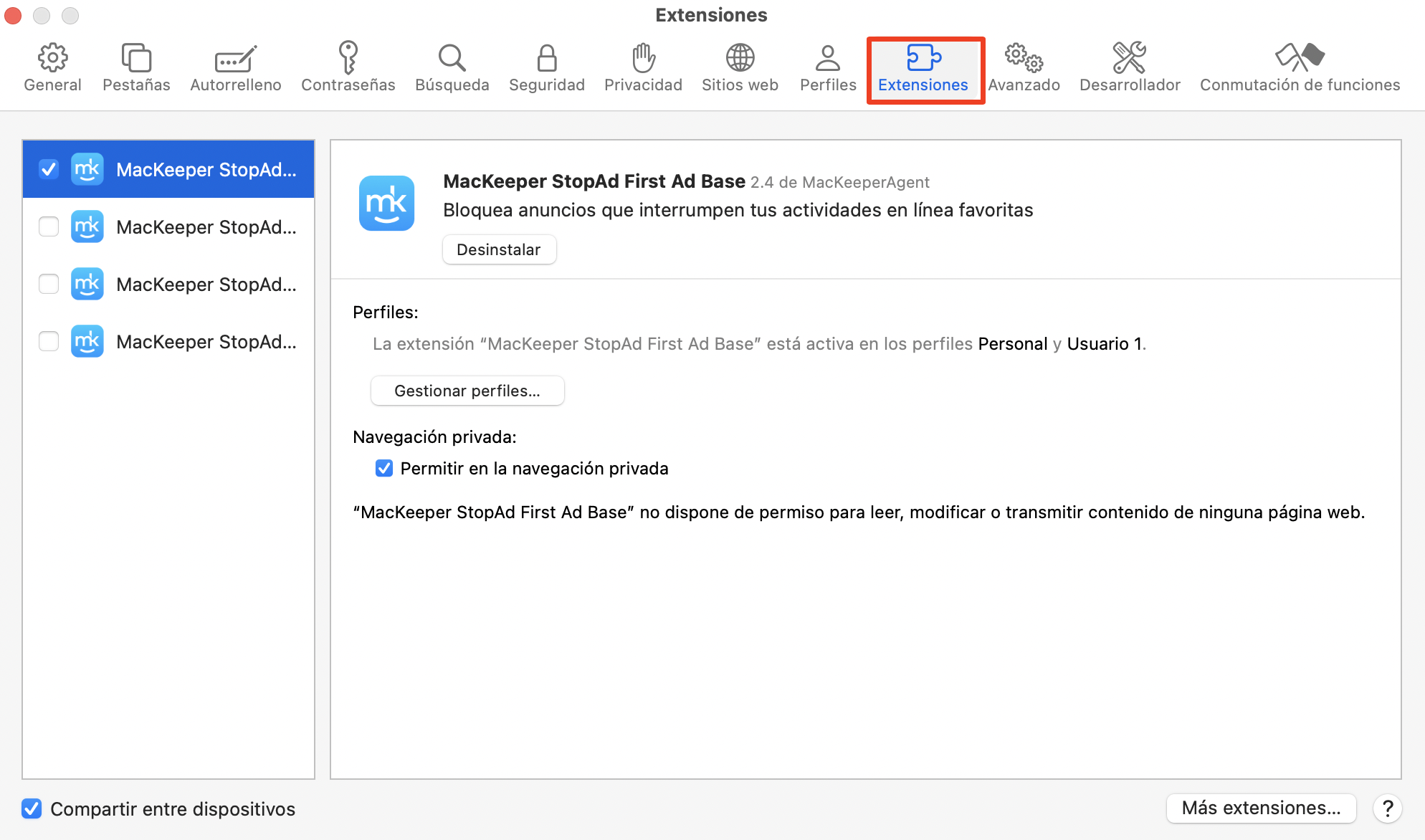 El cuadro de diálogo de Ajustes de Safari, con Extensiones resaltado. Cómo quitar extensiones de Safari, en una guía sobre cómo eliminar las ventanas emergentes falsas de McAfee en Mac.