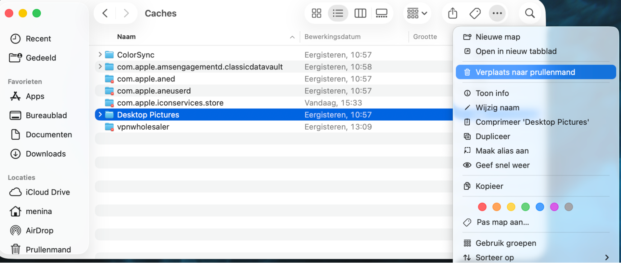 Verplaats onnodige cachebestanden naar de prullenbak door met de rechtermuisknop op de items te klikken en ‘Verplaats naar prullenbak’ te kiezen.