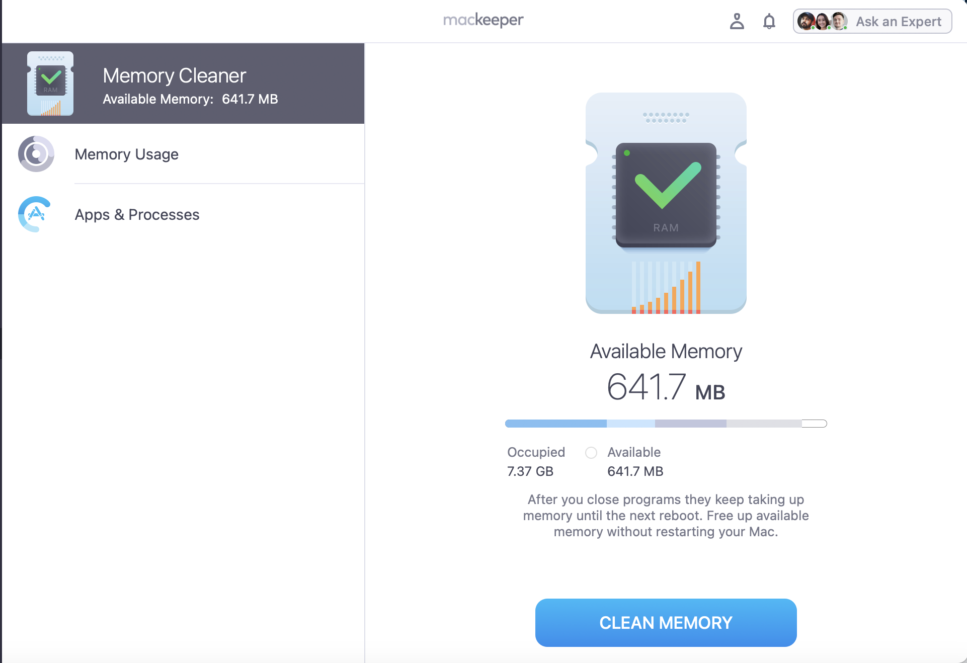 After the tool has calculated and checked your processes, you'll be able to review its findings before pressing the Clean Memory button. This should prevent mobileassrtd from slowing down your device when installing software updates.