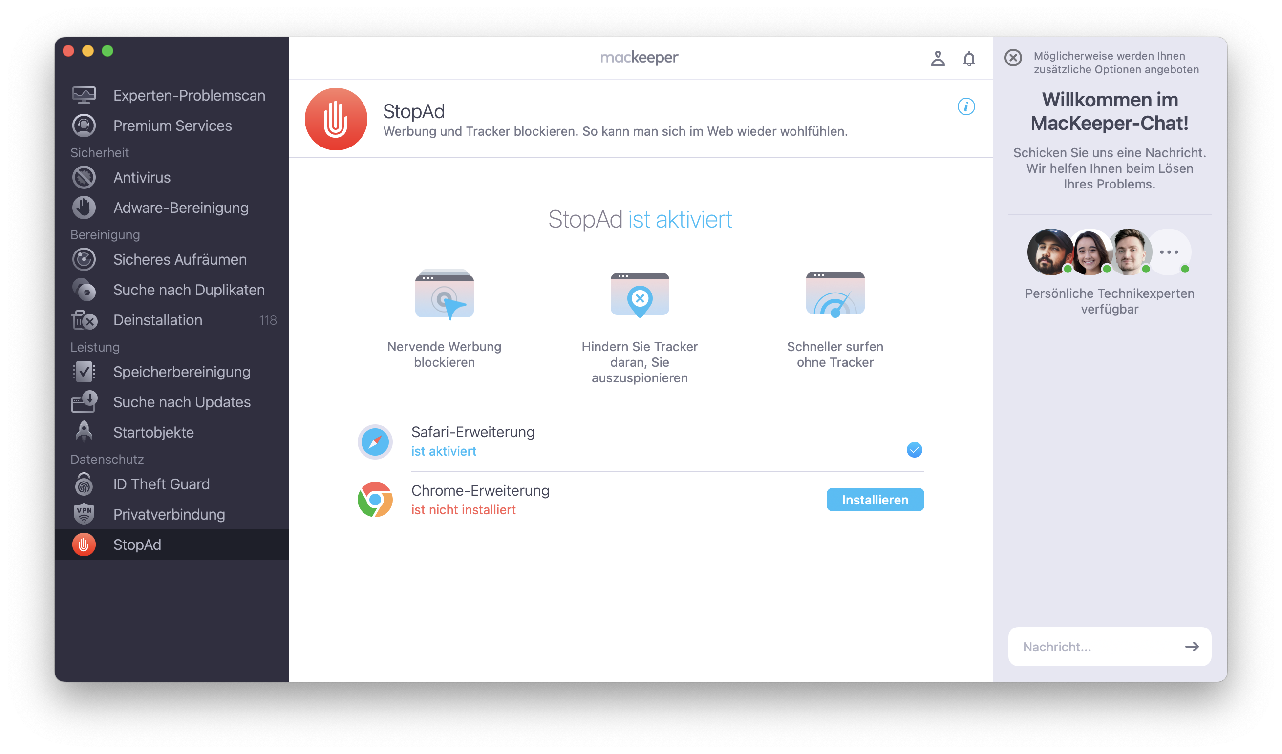Um die Pop-ups mit Apple-Sicherheitswarnungen loszuwerden, starte Mackeeper und wähle StopAd aus. Wähle deinen bevorzugten Browser aus und klicke auf Installieren.