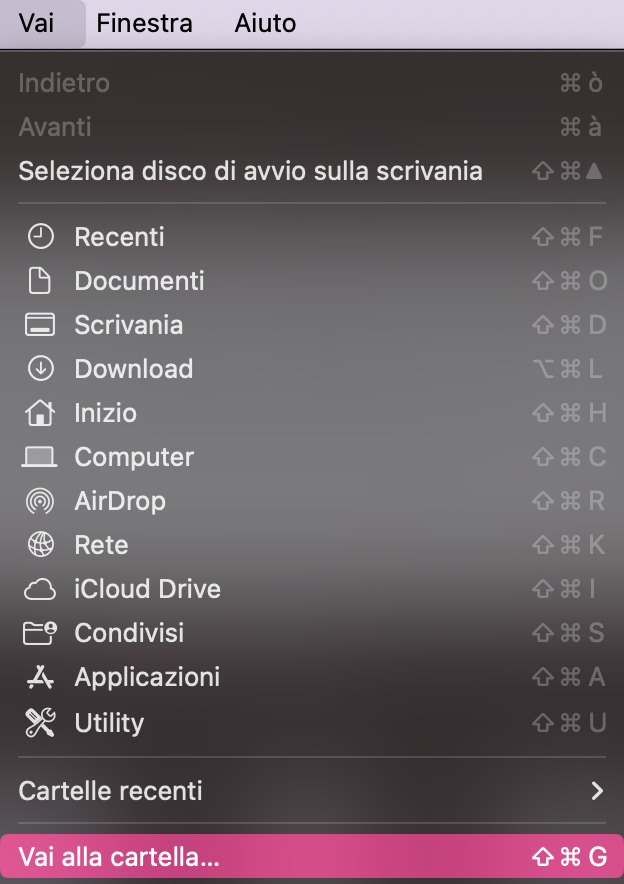 Per rimuovere e reindicizzare i file envelope, apri innanzitutto Finder, poi fai clic su Vai nella barra dei menu. Da qui potrai selezionare Vai alla cartella.