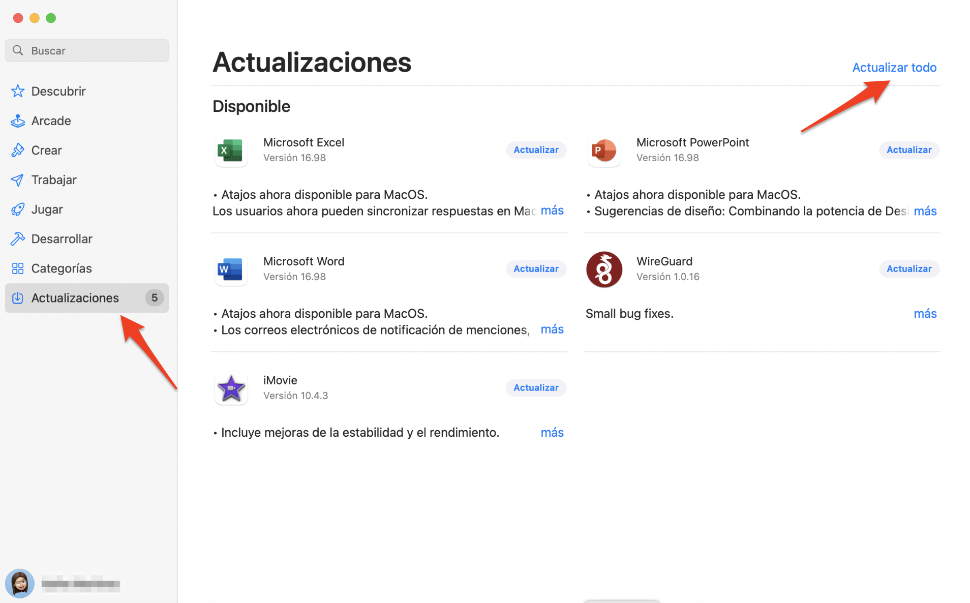 La App Store en macOS Monterey muestra la pantalla Actualizaciones. Haz clic en Actualizar todo para instalar todas las actualizaciones disponibles de las aplicaciones.