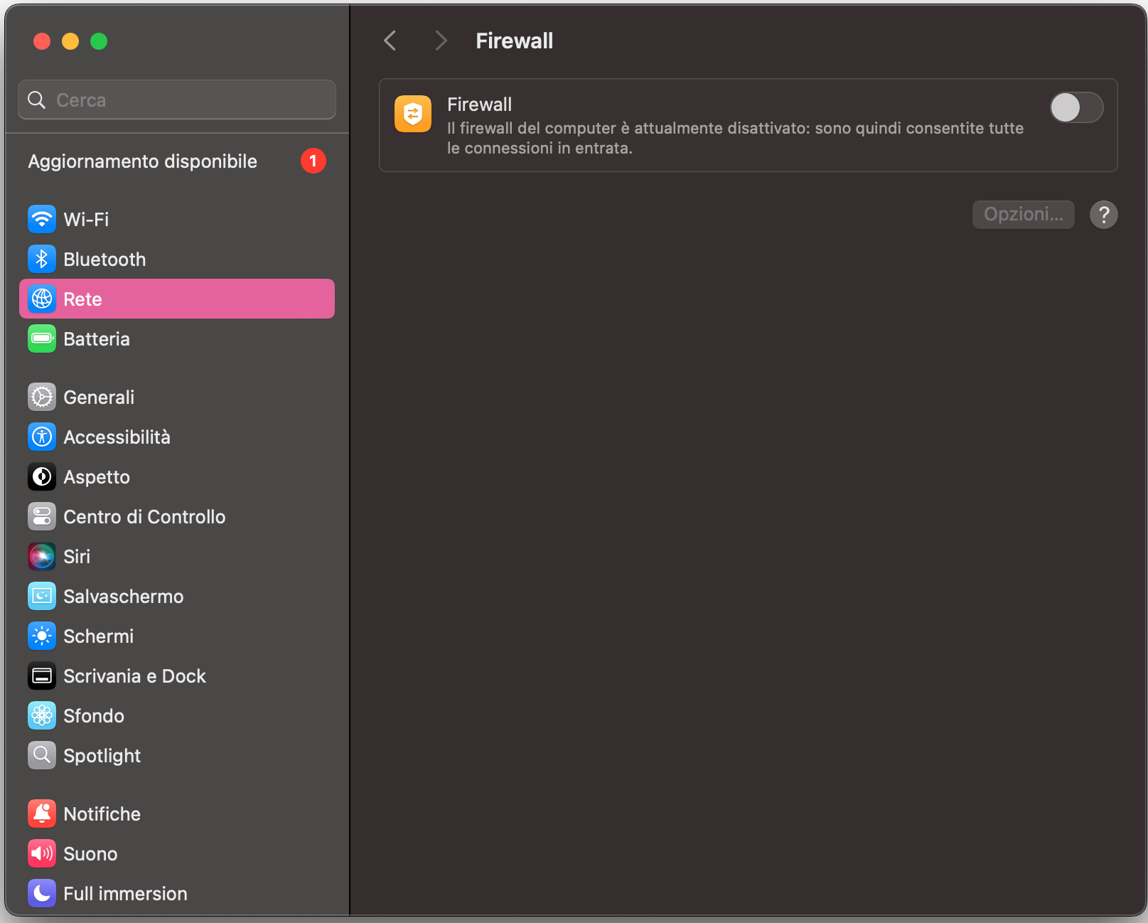 Nella sezione Rete delle Impostazioni di Sistema del tuo Mac, vedrai un'opzione per attivare e disattivare il firewall. Clicca l'interruttore per disabilitarlo.