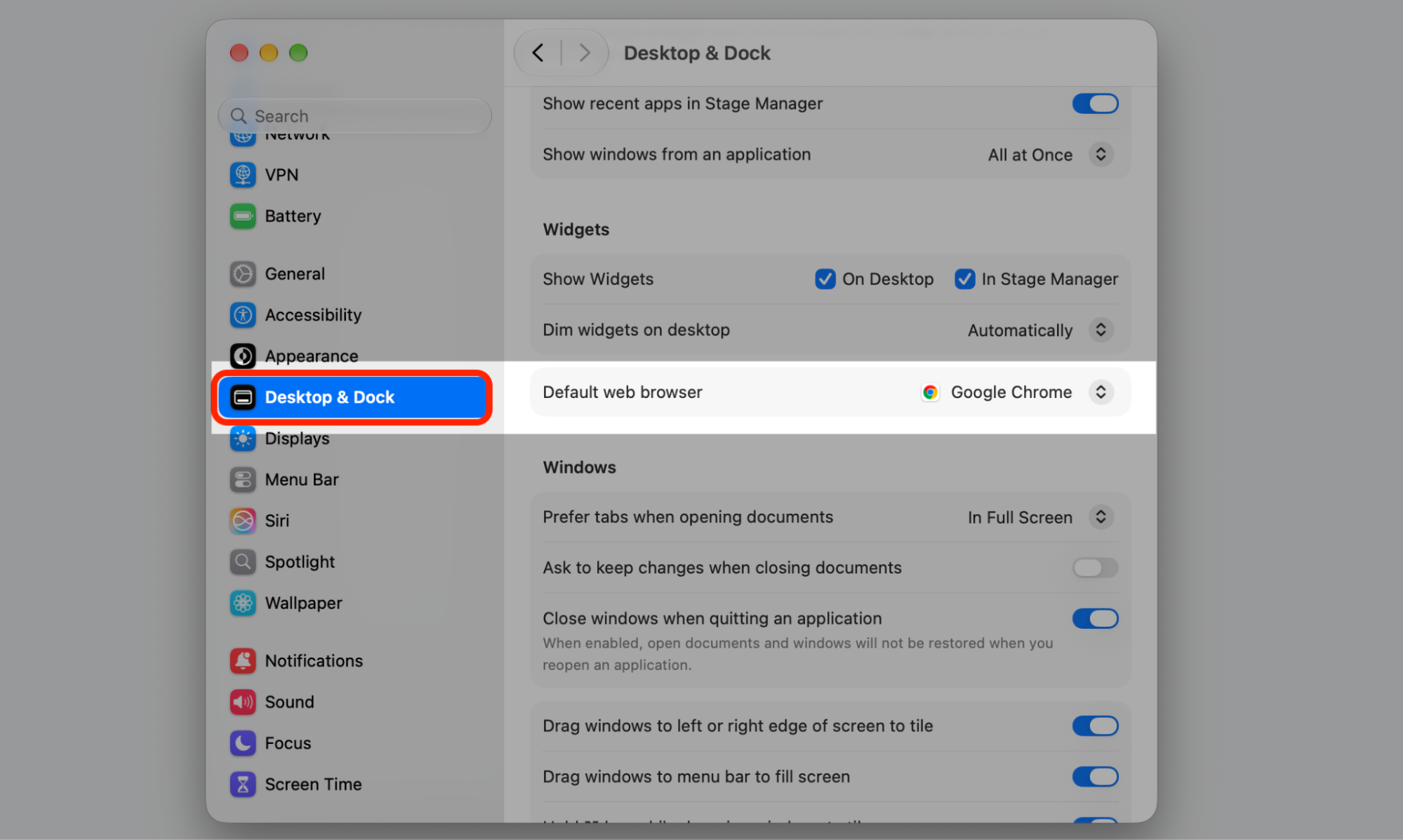 The Desktop & Dock pane in macOS System Settings on an Apple computer, with the Default web browser row set to Google Chrome.