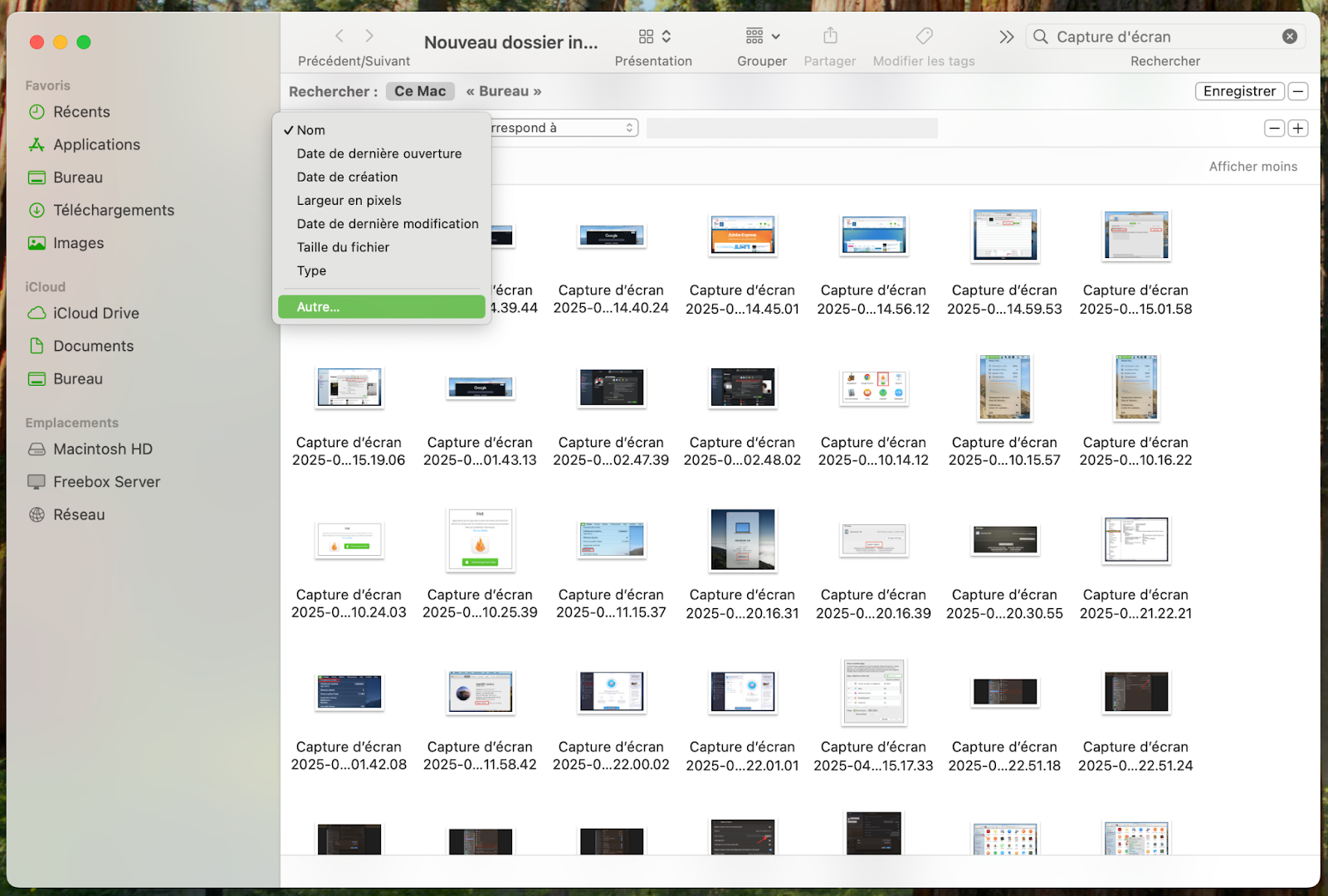 Dans le nouveau dossier intelligent, définissez les critères de recherche pour filtrer les captures d'écran sur votre Mac. Vous pouvez filtrer par nom, contenu, type, etc. Sélectionnez le critère que vous souhaitez dans le menu déroulant.