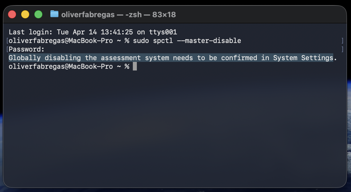 Terminal showing Globally disabling the assessment system needs to be confirmed in System Settings after running spctl on Mac.