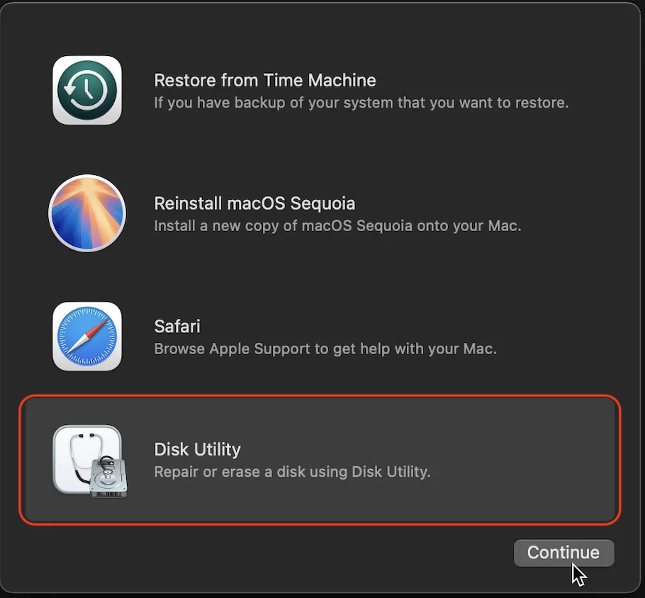 The macOS Utilities window appears on a MacBook screen. Choose the Disk Utility option to use Disk Utility in Recovery Mode.