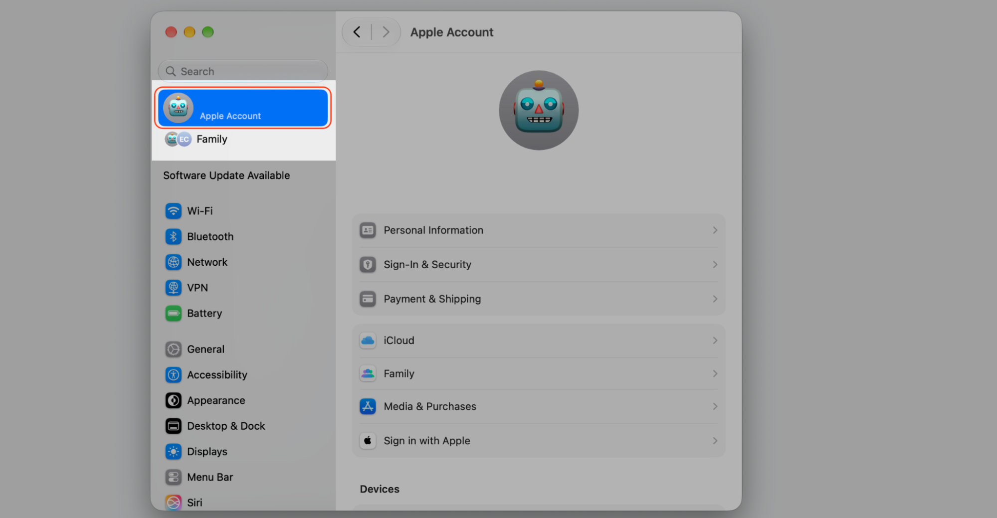 System Settings on macOS with the Apple Account button highlighted at the top of the sidebar, above Wi-Fi, Bluetooth, and Network.