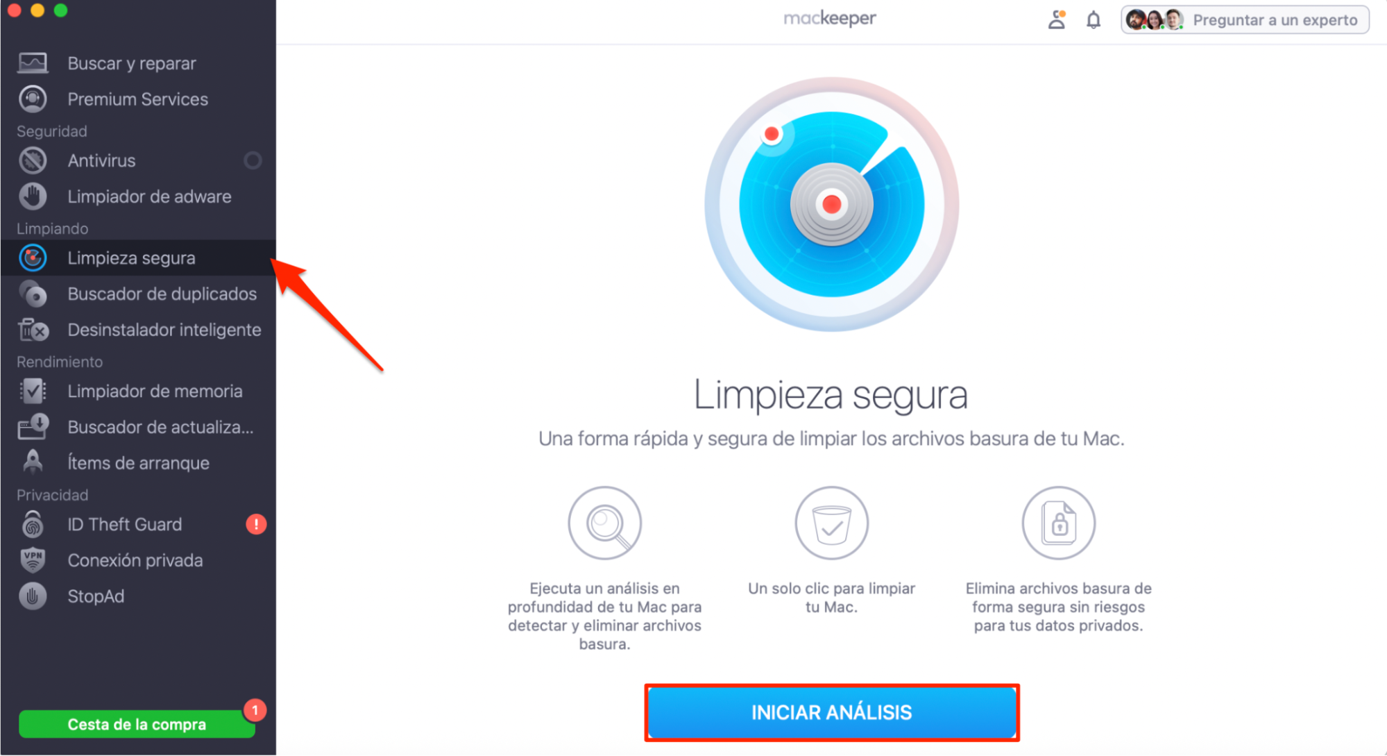 Para eliminar archivos de forma segura en tu Mac, abre MacKeeper y ve a Limpieza Segura. Aquí puedes iniciar un análisis y buscar archivos para eliminar
