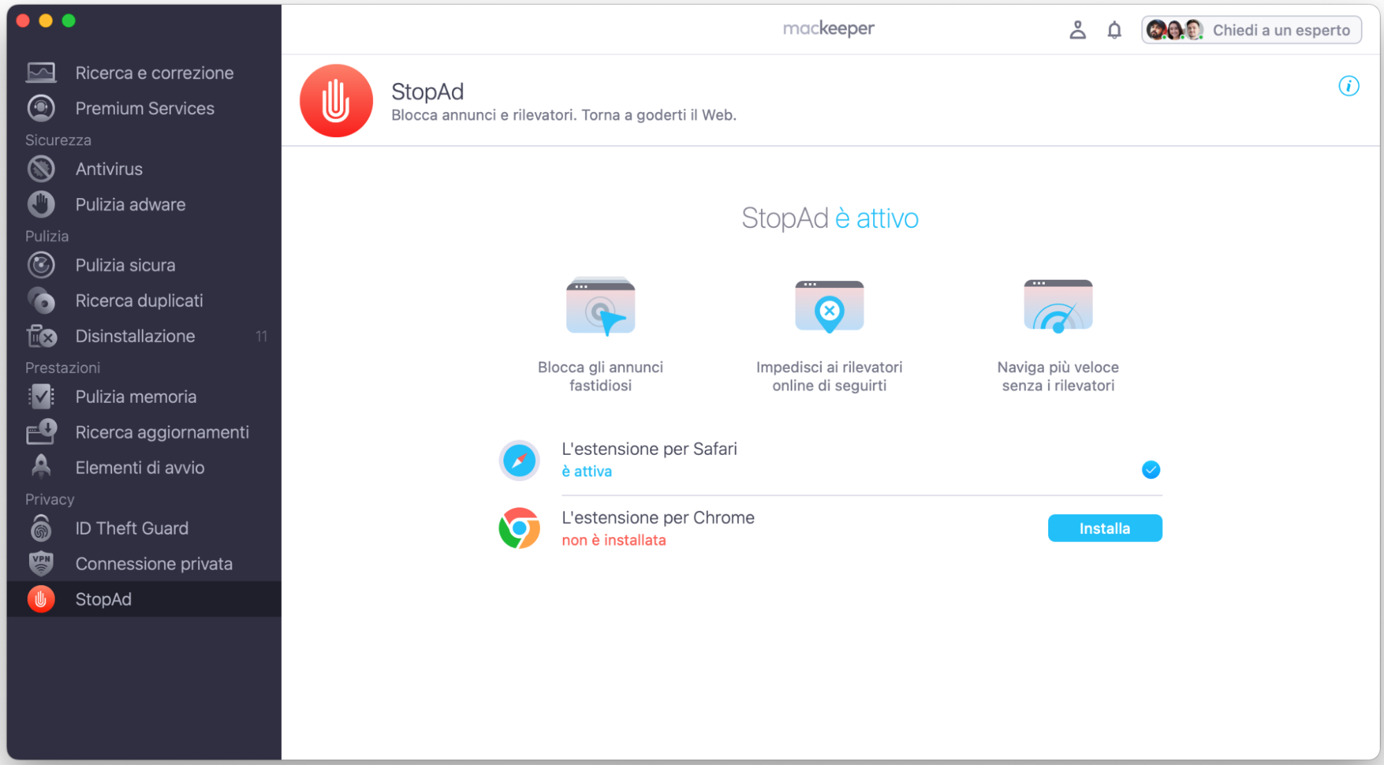 La schermata StopAd di MacKeeper, senza l’estensione per Chrome. Come usare un ad blocker, parte di una guida su come bloccare i falsi pop-up McAfee su Mac.