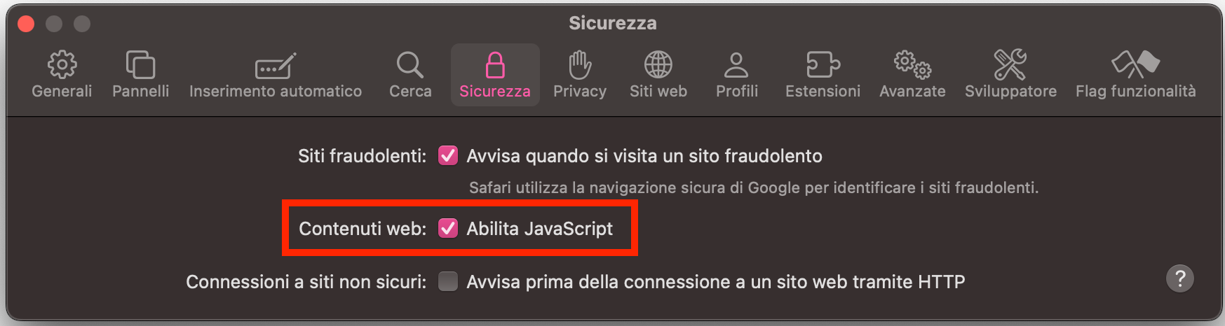 Attiva JavaScript nella scheda Sicurezza.