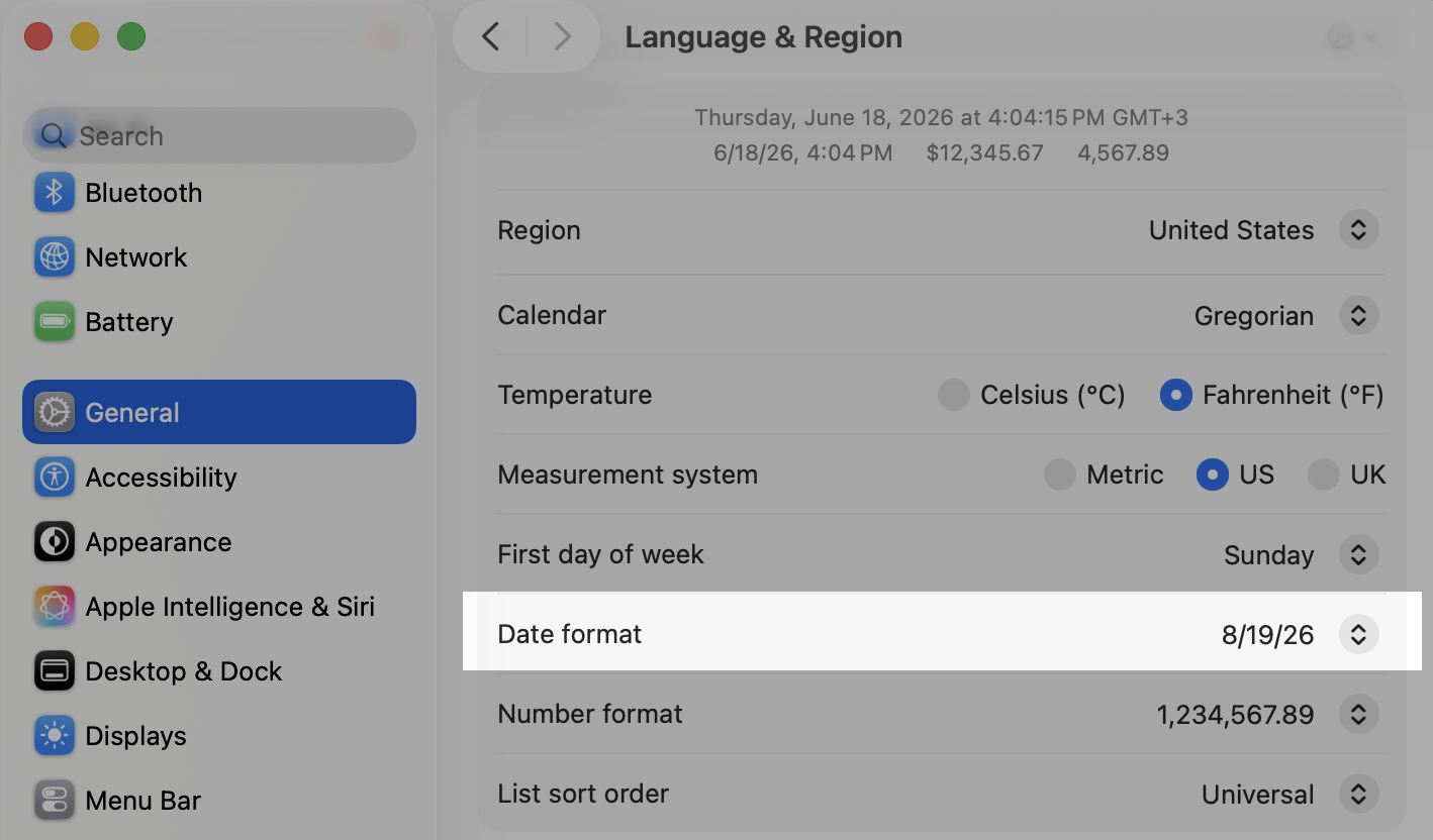 Language & Region settings on a Mac, checking the Date format preview to confirm the correct layout in macOS Tahoe System.