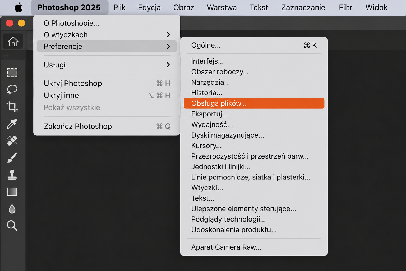 Menu Preferencje w Photoshopie na Maca. Wybierz Obsługa plików, aby wyłączyć automatyczne przywracanie w Photoshopie.