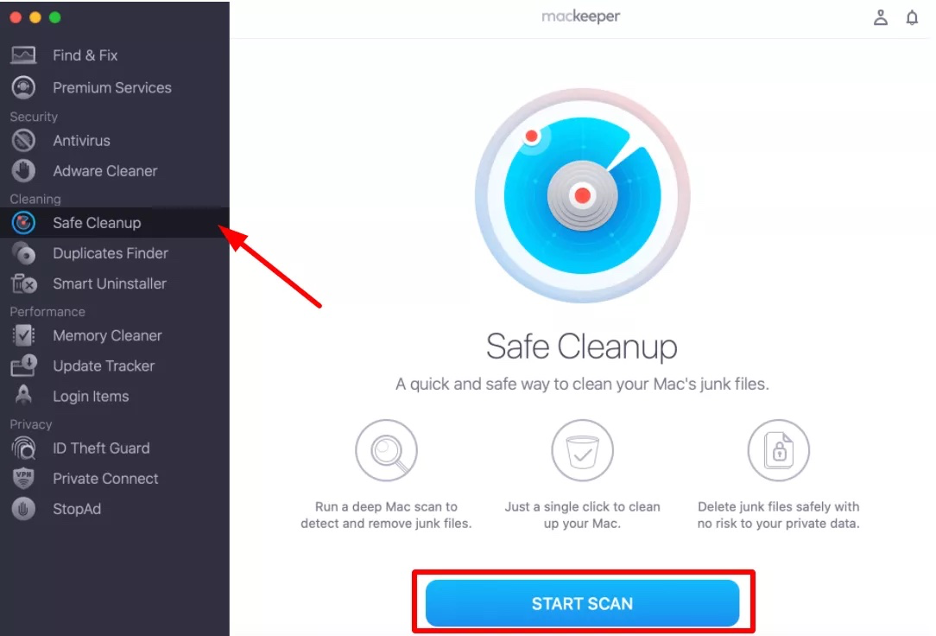 To boost your MacBook’s performance before you use it as an external monitor, launch MacKeeper on your device, select Safe Cleanup from the sidebar, and click Start Scan.