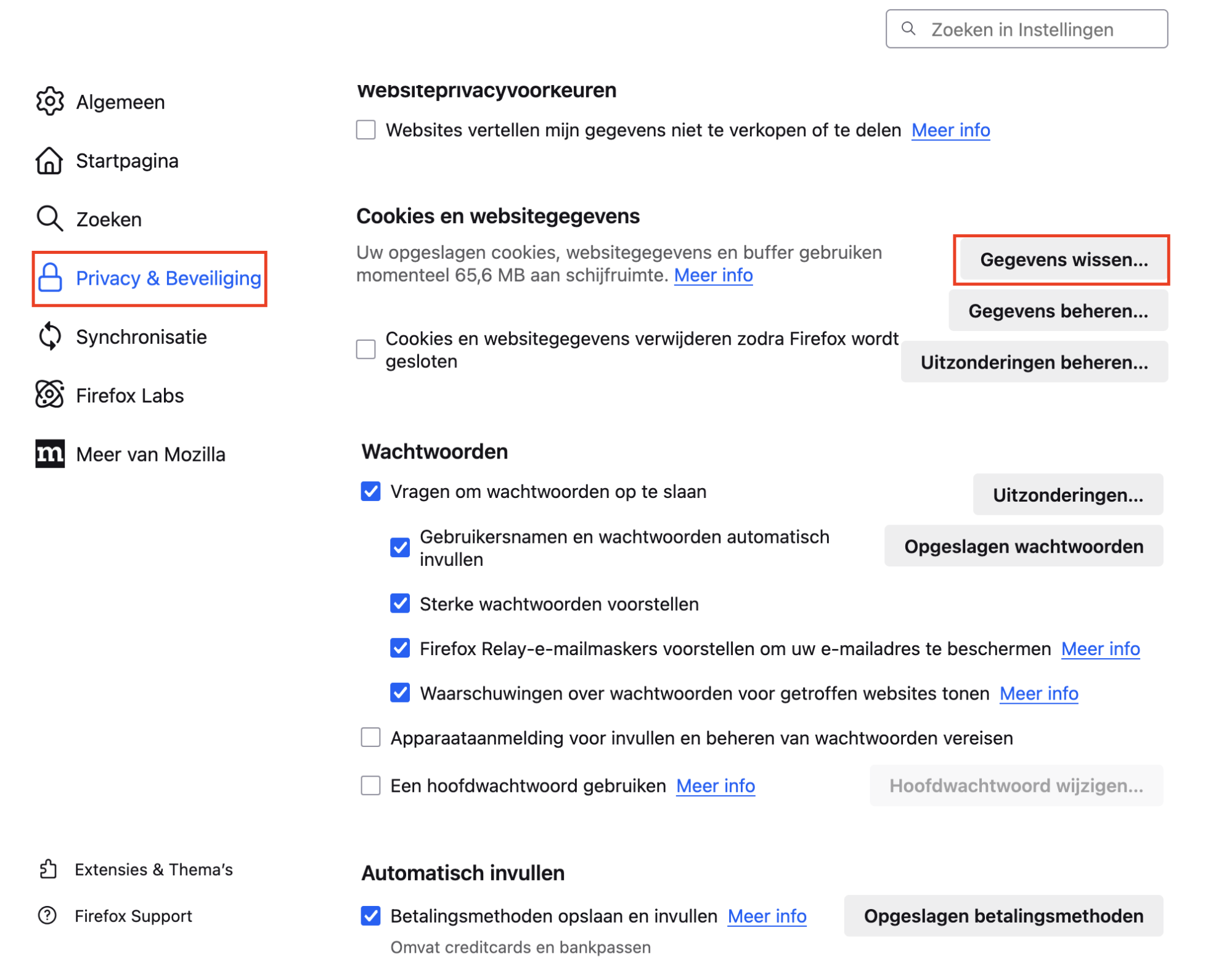 Open in Firefox de instellingen, ga naar Privacy en Beveiliging en klik op Gegevens wissen