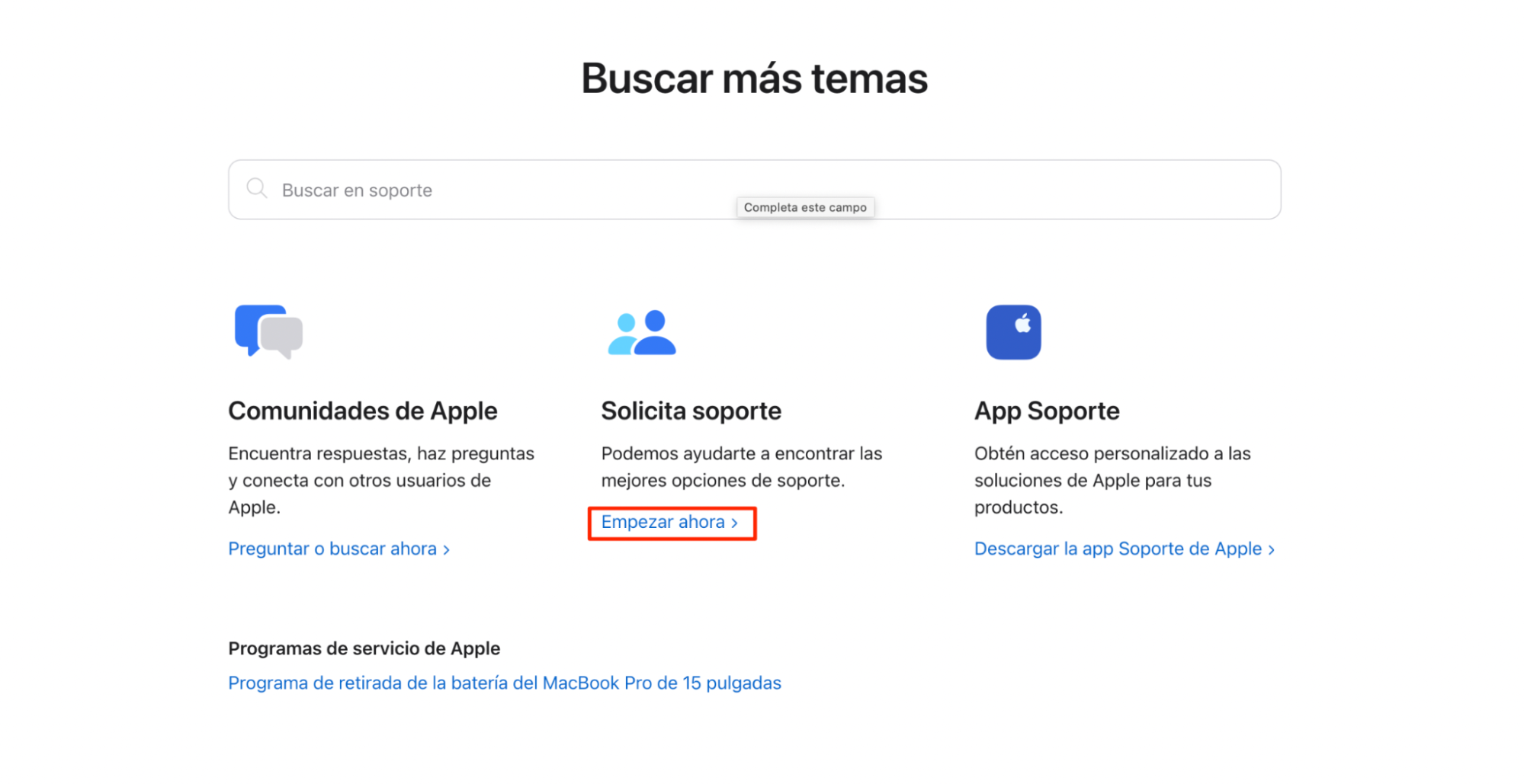 Navegador de soporte de Apple que muestra empezar ahora en solicita soporte resaltado con un cuadro rojo como una forma de acceder al equipo de soporte de Apple.