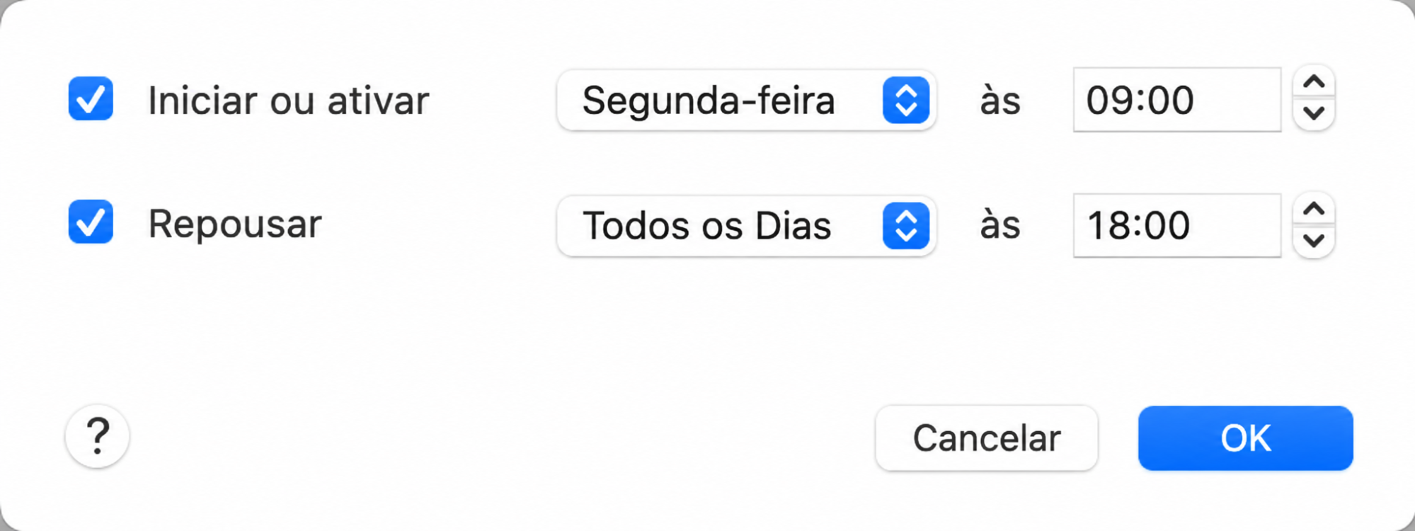 Depois de concluir a configuração do agendamento, clique em 'OK'. O Mac ligará ou entrará em repouso nos horários definidos.