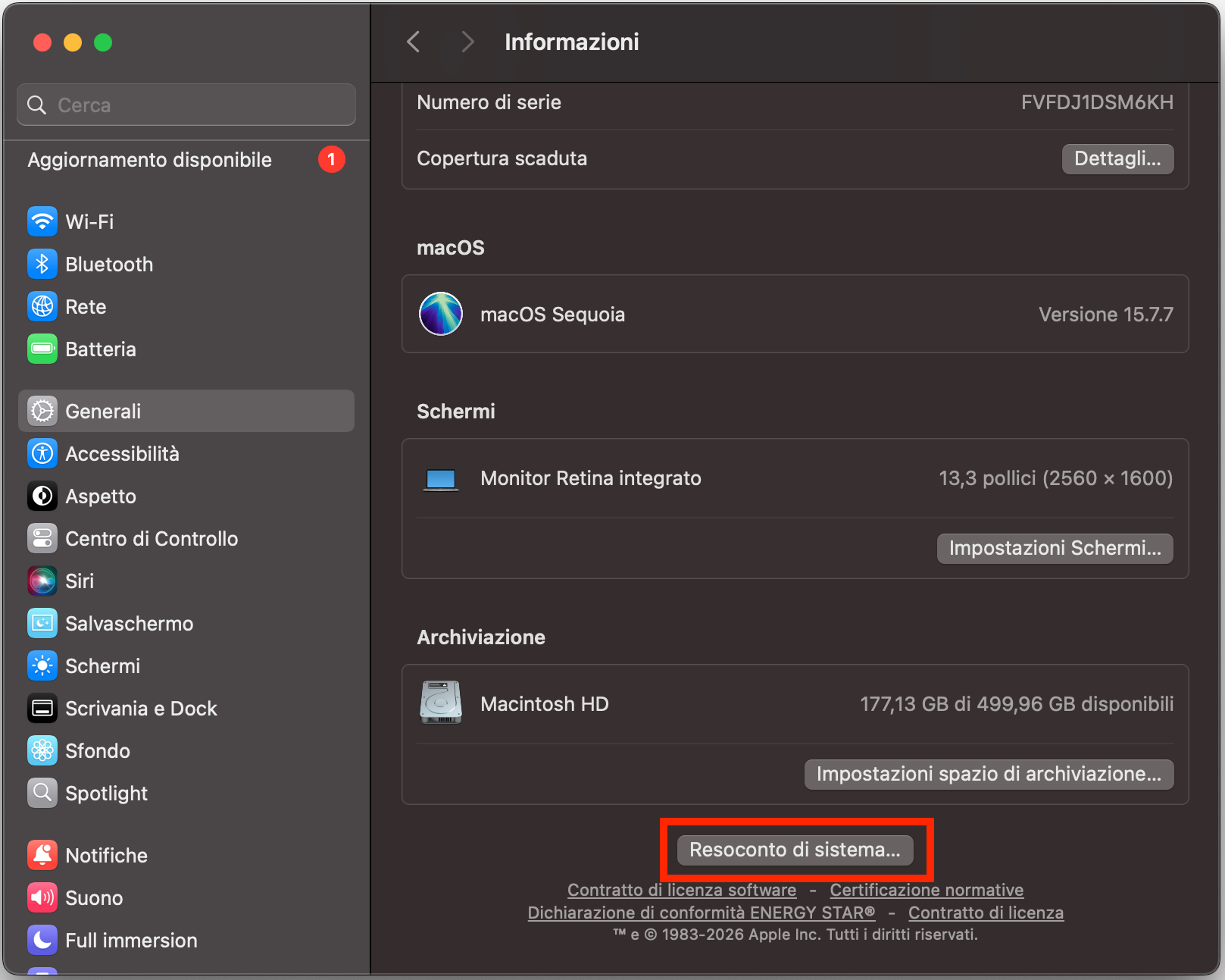 Interfaccia Informazioni su questo Mac con il pulsante Resoconto di sistema evidenziato con un riquadro rosso