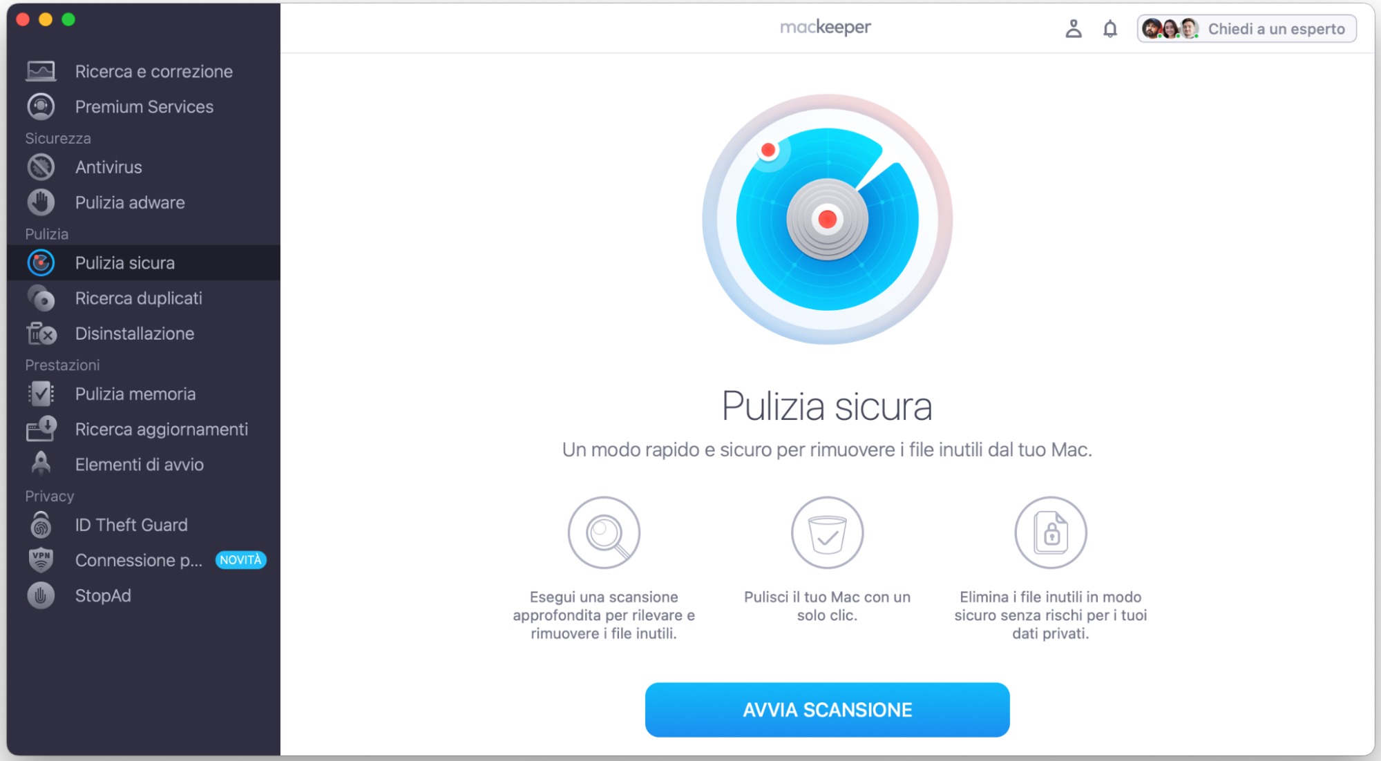Per liberare spazio sul tuo Mac, usa il miglior cleaner del 2025: Pulizia Sicura di MacKeeper. Avvia l’app, seleziona Pulizia Sicura dal pannello laterale e fai clic su Avvia scansione.