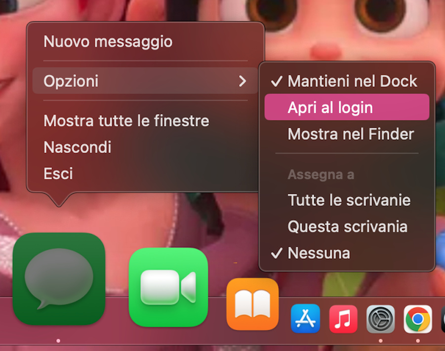 Il Dock viene mostrato nella schermata principale tipica del Mac. Qui puoi vedere l’elenco delle app usate più di frequente. Scegli quella che ti interessa, fai clic con il tasto destro e seleziona Apri al login.