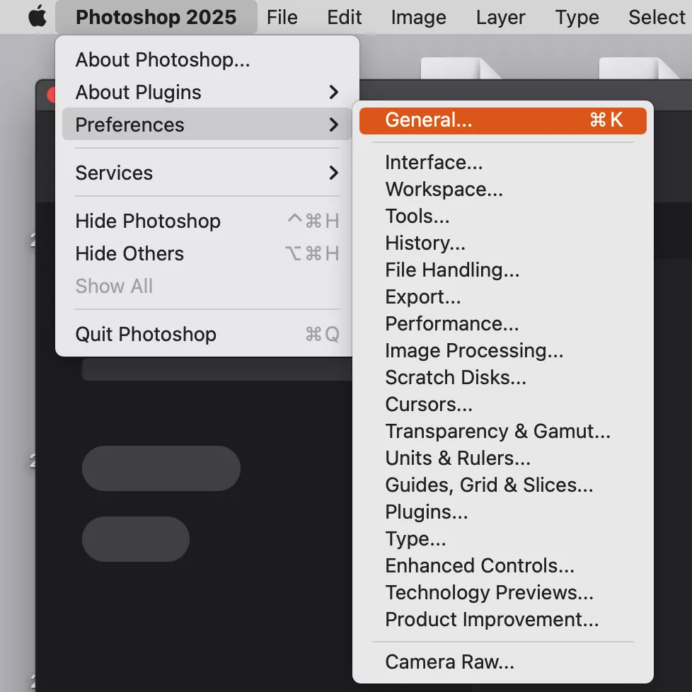 Menyen Preferences i Photoshop for Mac. Klikk på General for å få tilgang til innstillingene og tilbakestille Photoshop-innstillingene.