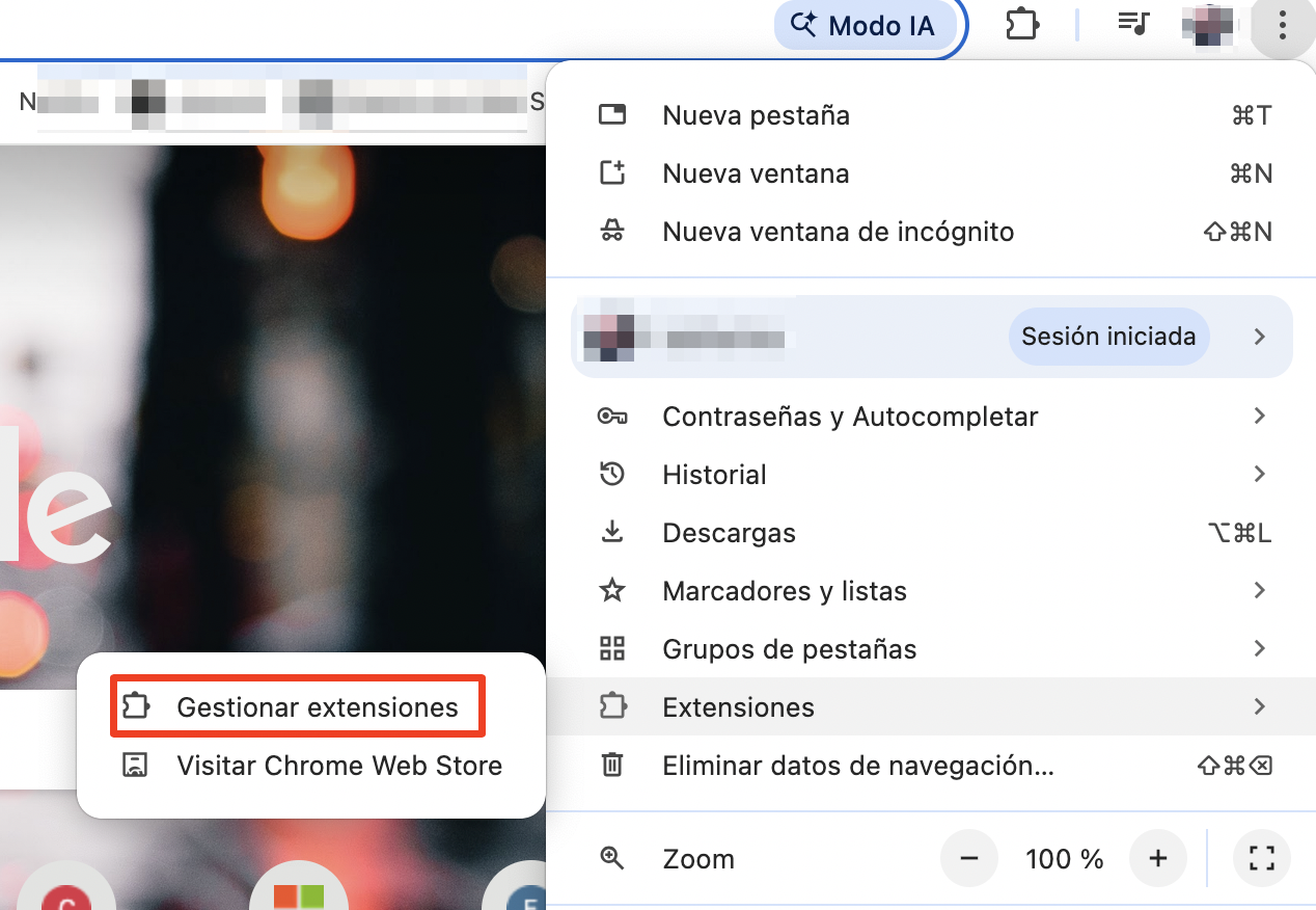 Chrome, con el menú abierto y Gestionar extensiones resaltado. Cómo quitar extensiones, como parte de una guía sobre cómo eliminar las ventanas emergentes falsas de McAfee en Mac.