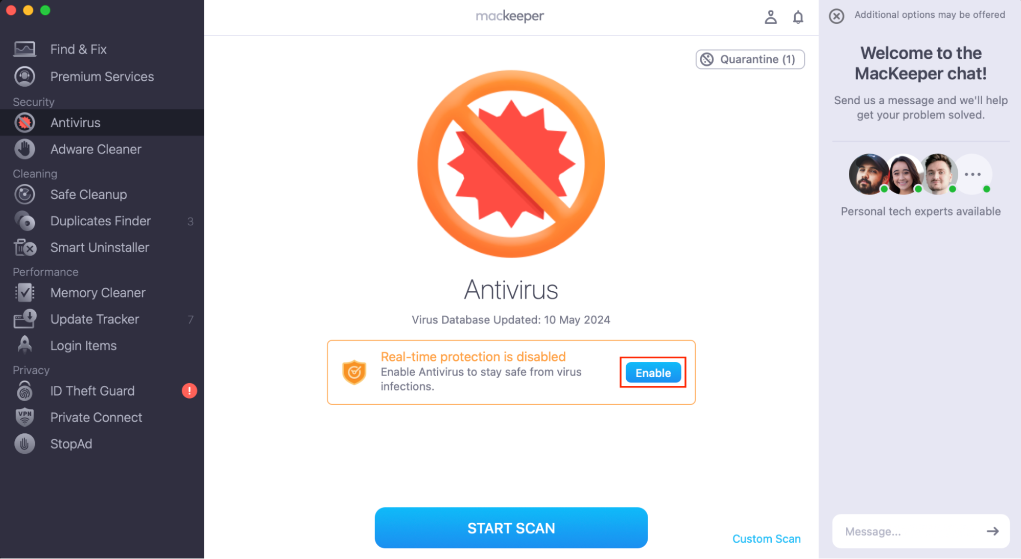 MacKeeper on a Mac, open at the Antivirus screen. Real-time monitoring is disabled, and Enable is highlighted. MacKeeper is an alternative to all types of Norton antivirus.