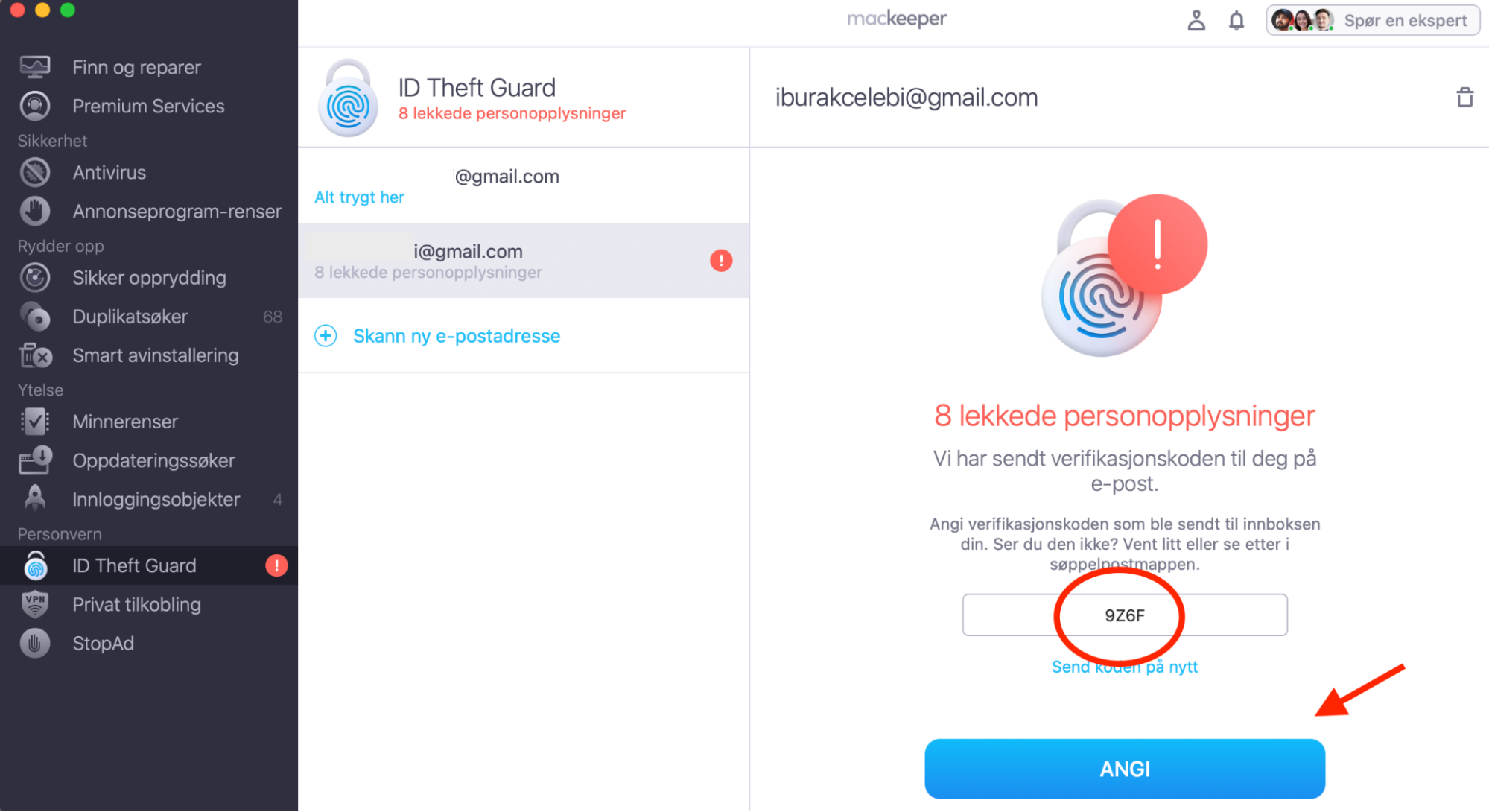MacKeeper på Mac viser ID Theft Guard. Lim inn verifiseringskoden som ble sendt til e-posten din i boksen, og klikk deretter på Angi.