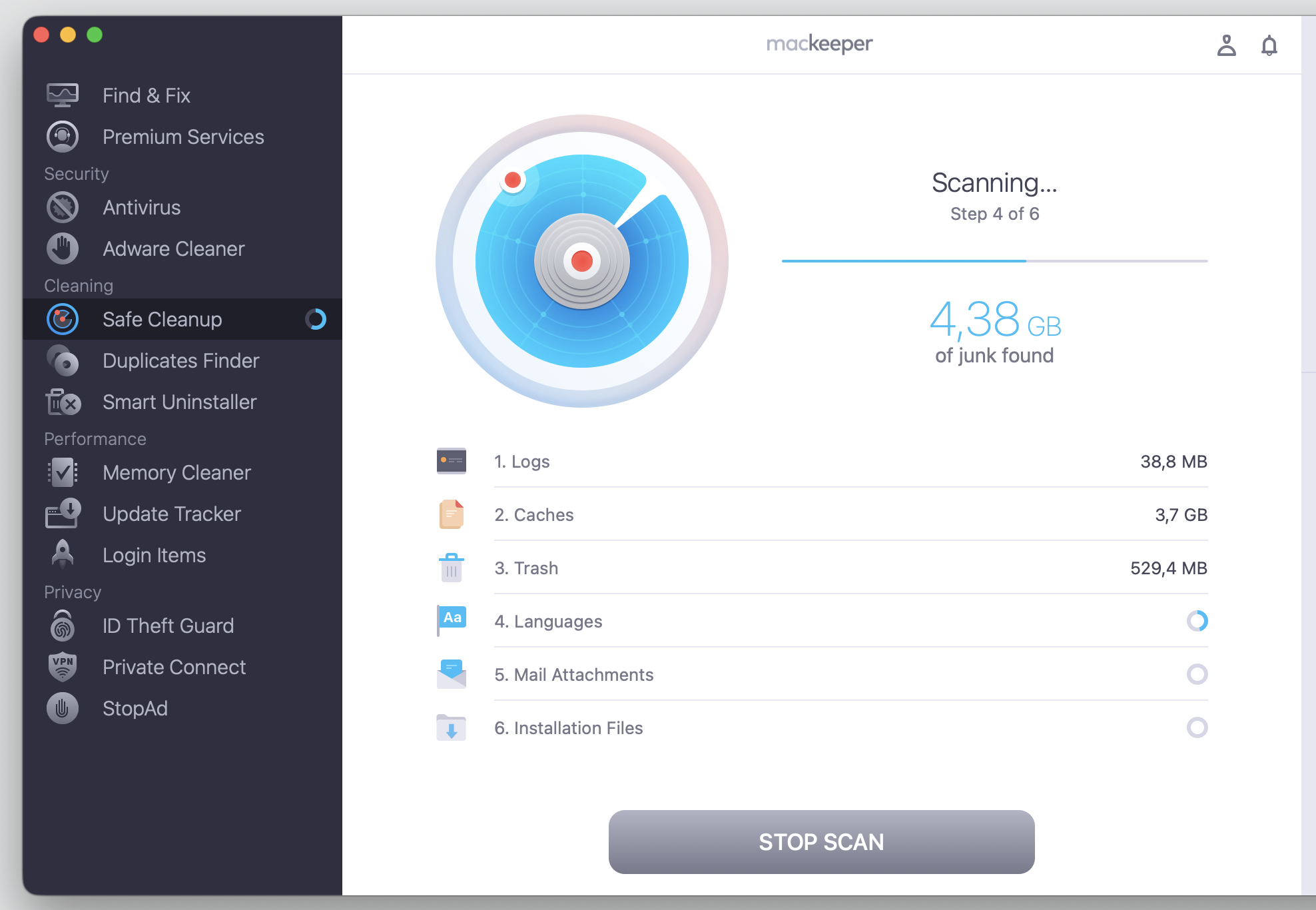 MacKeeper's Safe Cleanup window scanning a MacBook, showing 4.38 GB of junk found across logs, caches, and Trash during the deep scan.