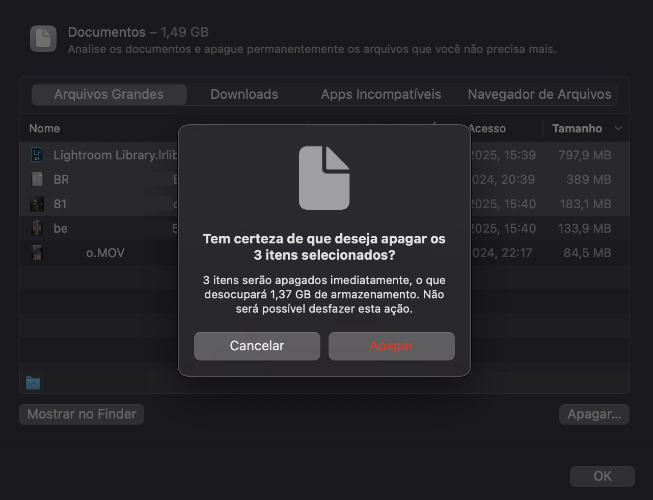 Clique no botão de informações ao lado de Documentos nas configurações de Armazenamento para visualizar os arquivos grandes.