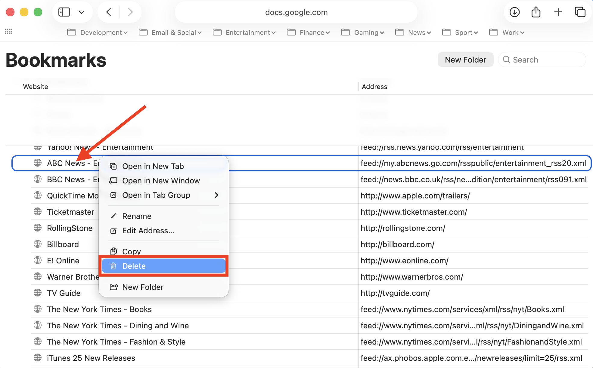 The Bookmarks section in Safari on Mac showing a list of all favorited sites. To unfavorite a website in Safari, right-click it, then select Delete.