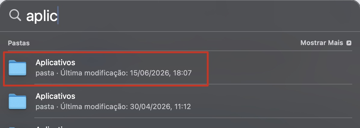 Pesquisa por Aplicativos na Busca do Spotlight. Quando a pasta Aplicativos aparecer nos resultados, selecione-a para abri-la.