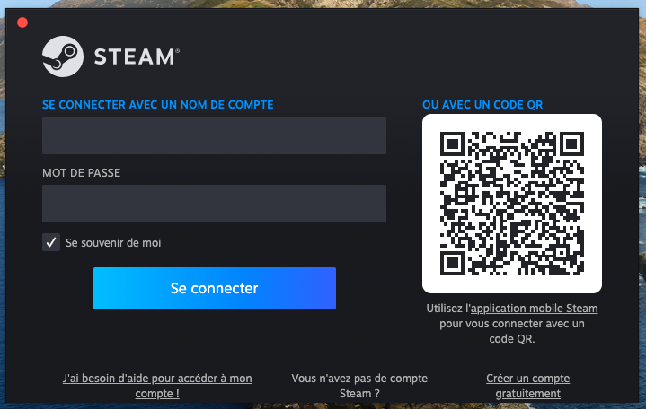 La première fenêtre de Steam sur macOS demande aux utilisateurs de se connecter ou de créer un compte gratuitement. Saisissez vos identifiants et cochez la case Se souvenir de moi si vous souhaitez sauvegarder vos identifiants. Enfin, cliquez sur Se connecter.