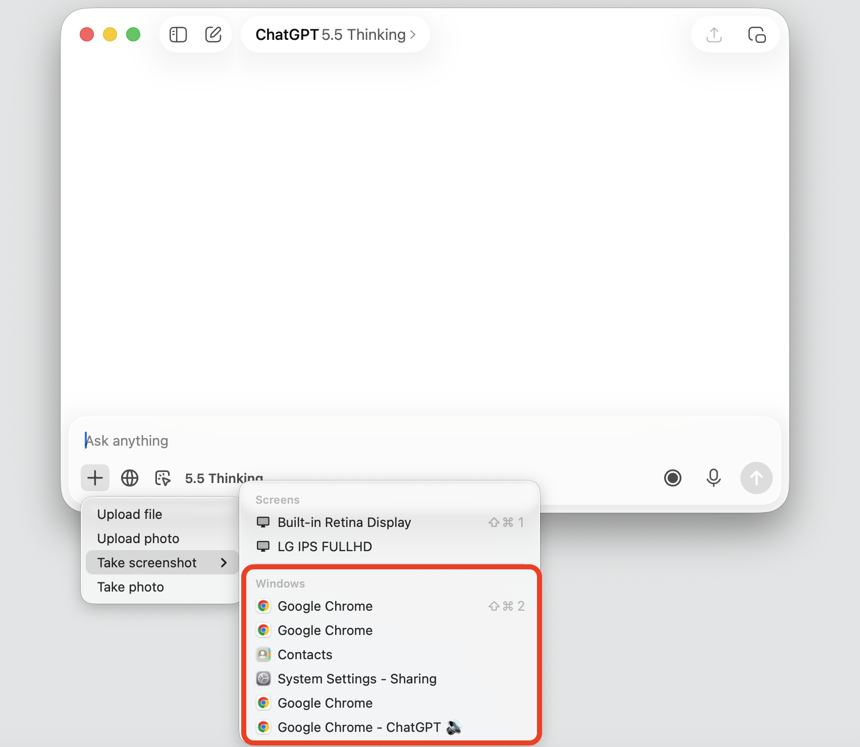 ChatGPT macOS app Take Screenshot menu on an Apple computer listing open app windows to capture, like Google Chrome and Contacts.