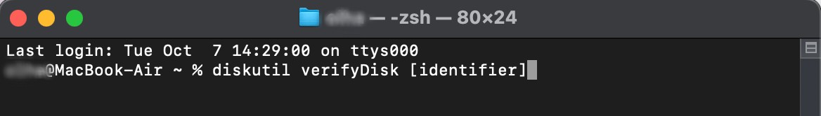 A Terminal window is opened on a Mac. Use Terminal to check or repair the disk. Enter the command diskutil verifyDisk [identifier] and press Return.