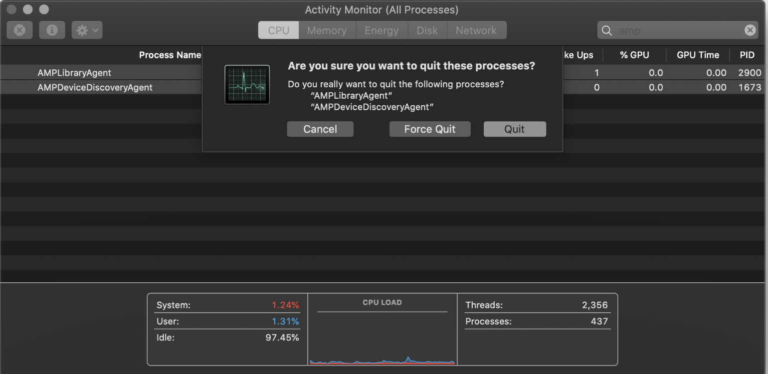 Another quick solution to fix high CPU usage is to quit unnecessary processes in Activity Monitor. In your Applications Folder, look for Activity Monitor, and once open, you can search for AMPDeviceAgent in CPU. Tick all the relatable processes and press Quit.