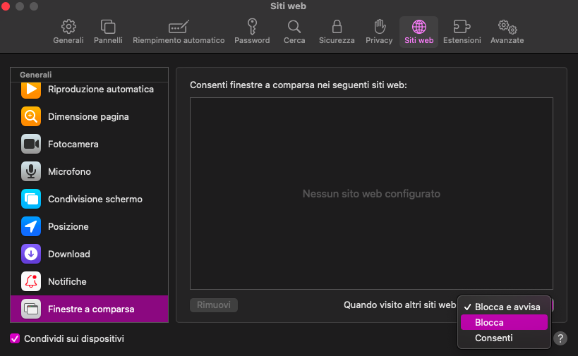 Se vedete un pop-up che volete bloccare, utilizzate il menu a discesa e selezionate “Blocca”. In questo modo non vi disturberà più in futuro.