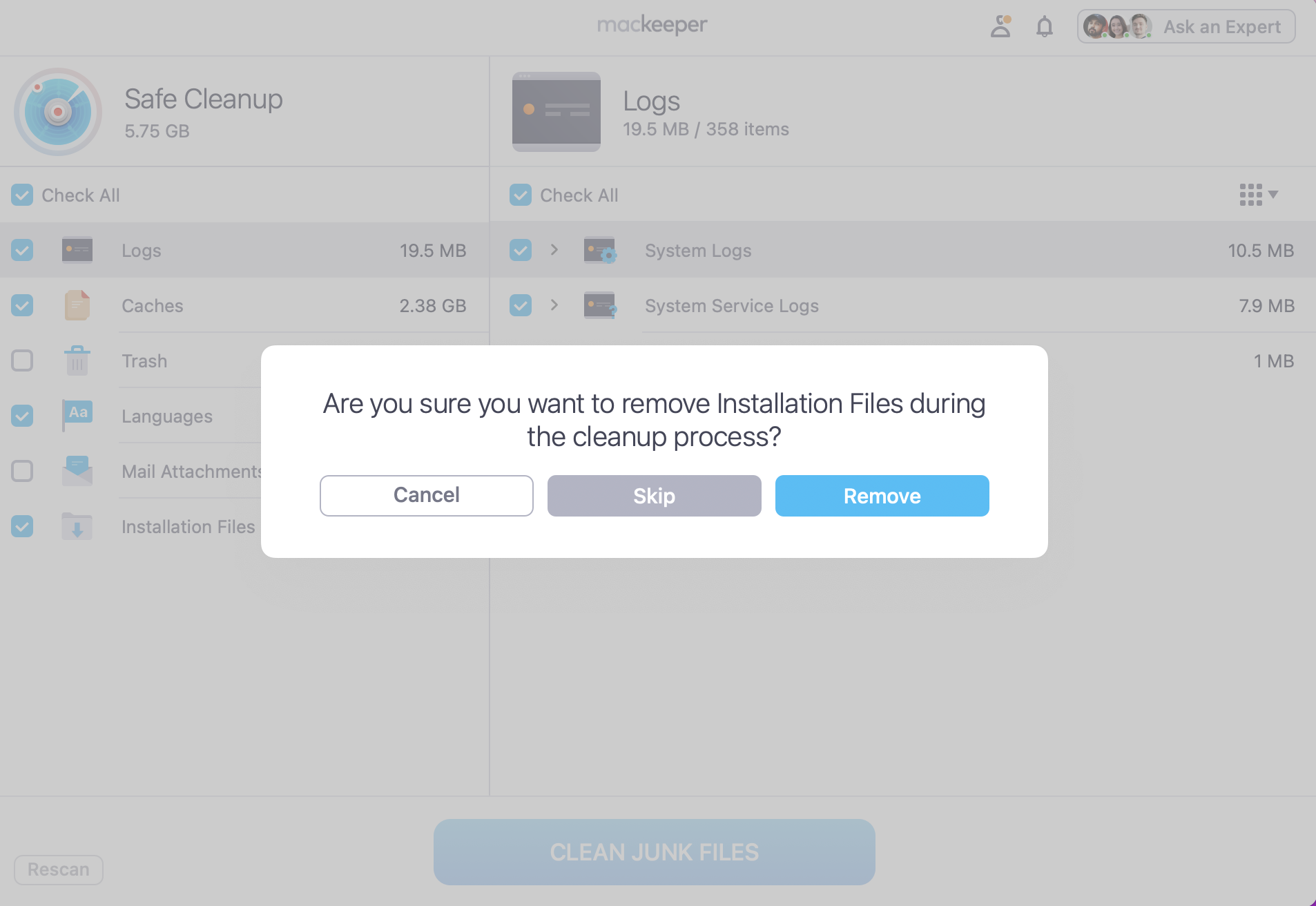 Once your scan is done, you can look through all the junk and downloads that it’s been able to find. If there are any Logs, Cache, or Trash you no longer want or need, just tick and press Clean Junk Files. To confirm your actions, press Remove and watch your drive be rid of the junk in seconds.