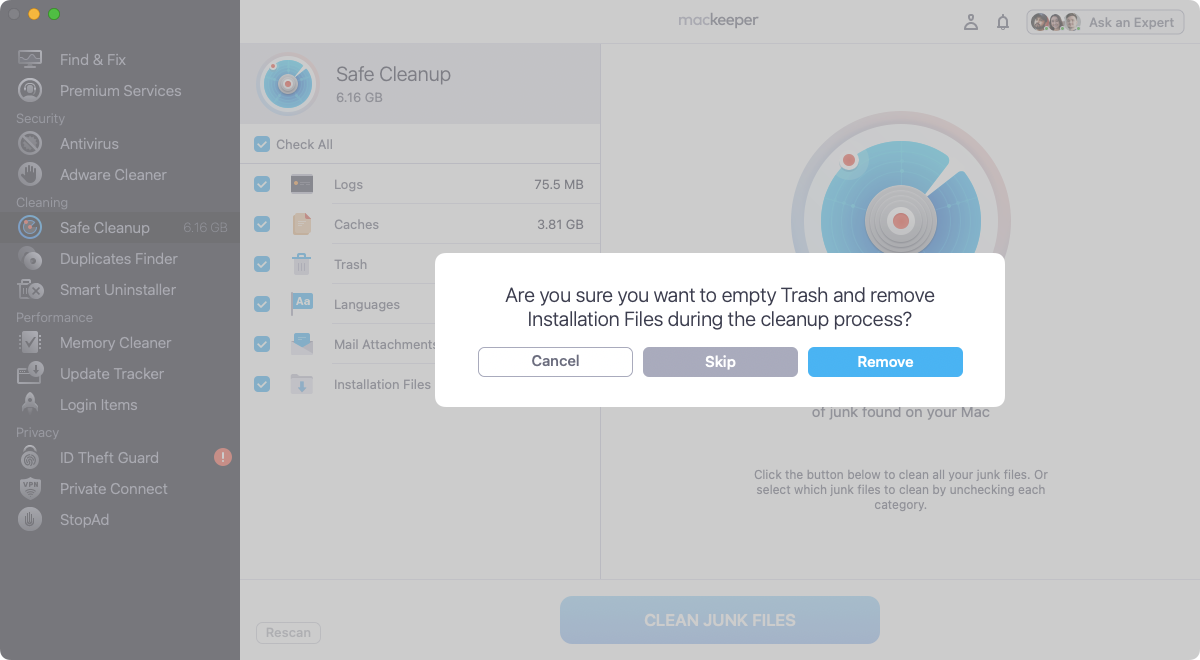 Depending on what you selected, you may see a warning about deleting certain types of files. If you're happy to proceed, click the 'Remove' button.