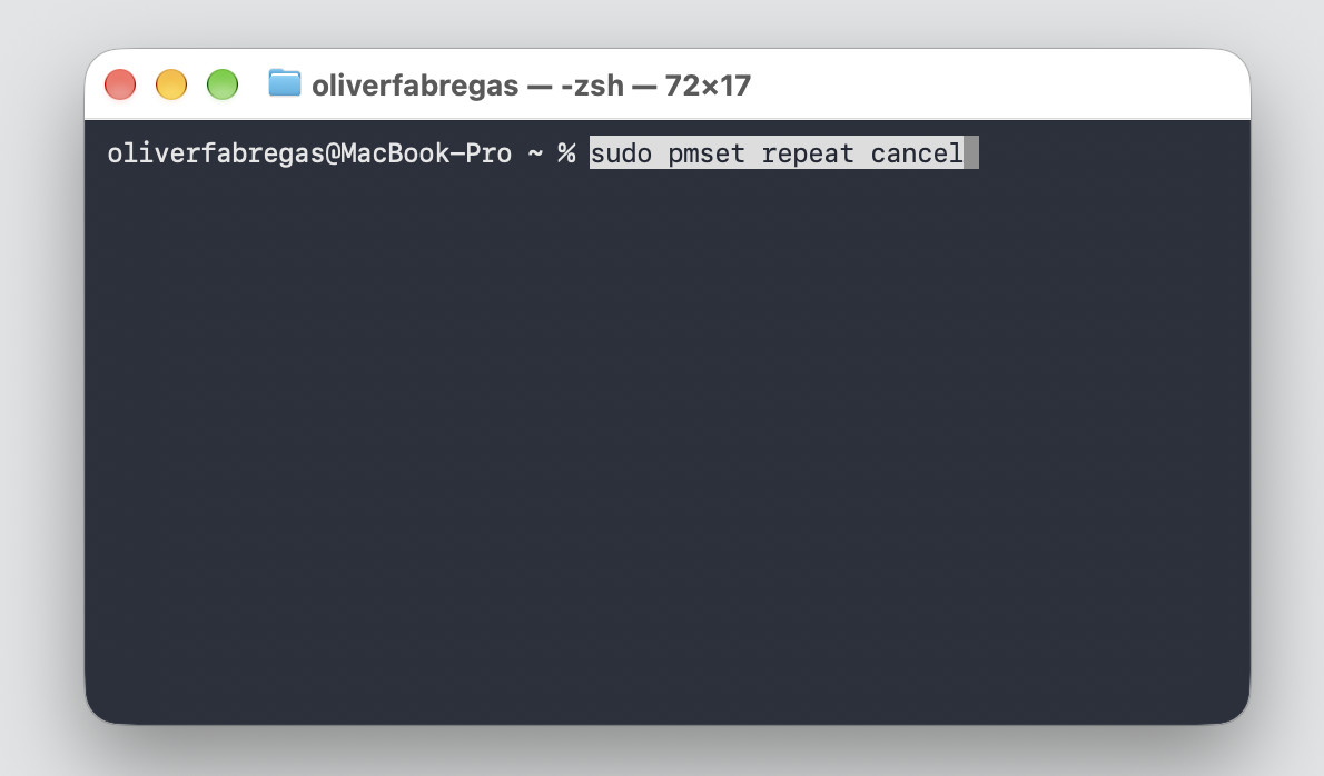 Terminal window on a MacBook with sudo pmset repeat cancel typed to remove the recurring scheduled shutdown timer set earlier on the Mac.