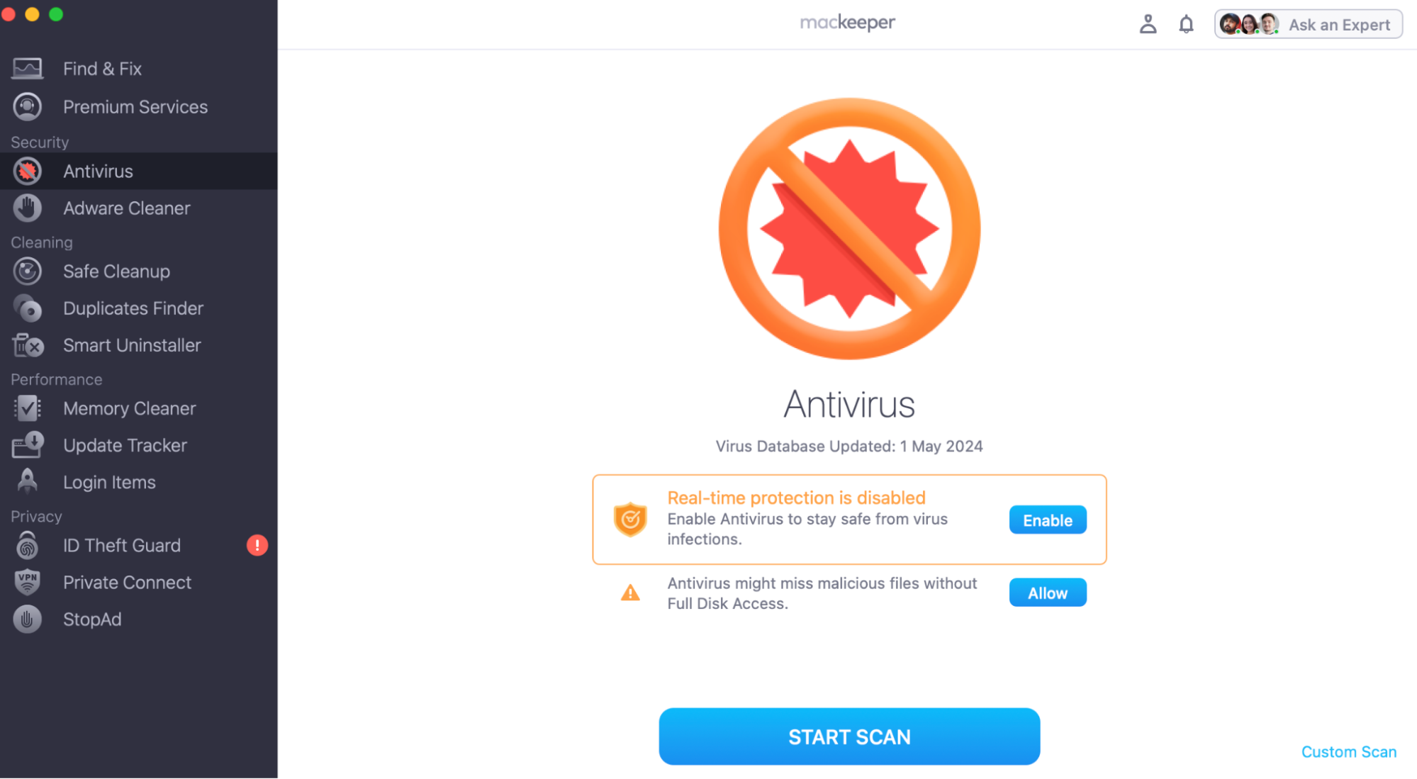 To detect keyloggers on Mac, it's recommended to run a scan for malware with a trusted third-party app like MacKeeper. Once you download the app onto your Mac, on it and select the Antivirus feature and click Start Scan.